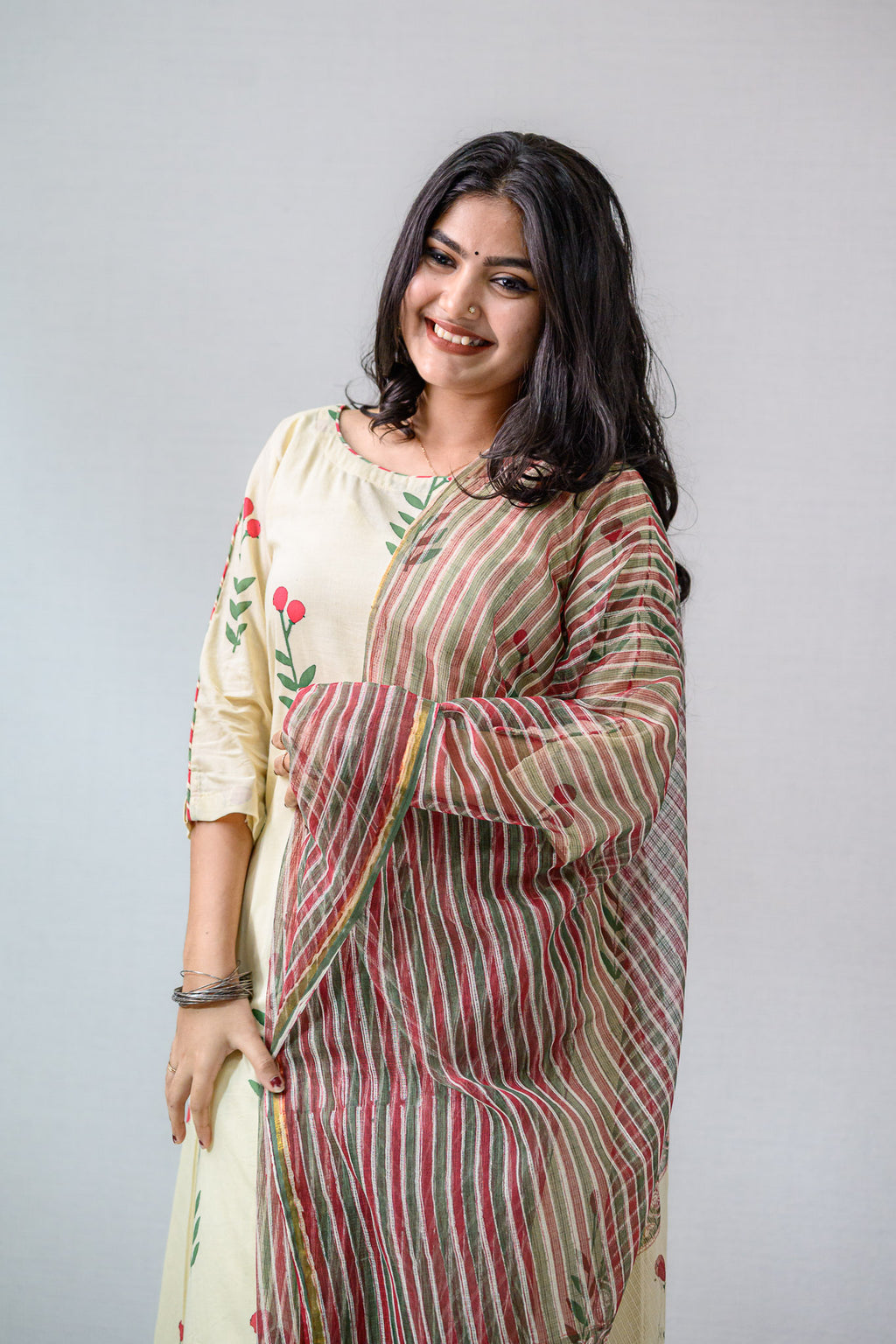 MaroonGreen Stripes on Cream Sanganeri Kota Doria Dupatta