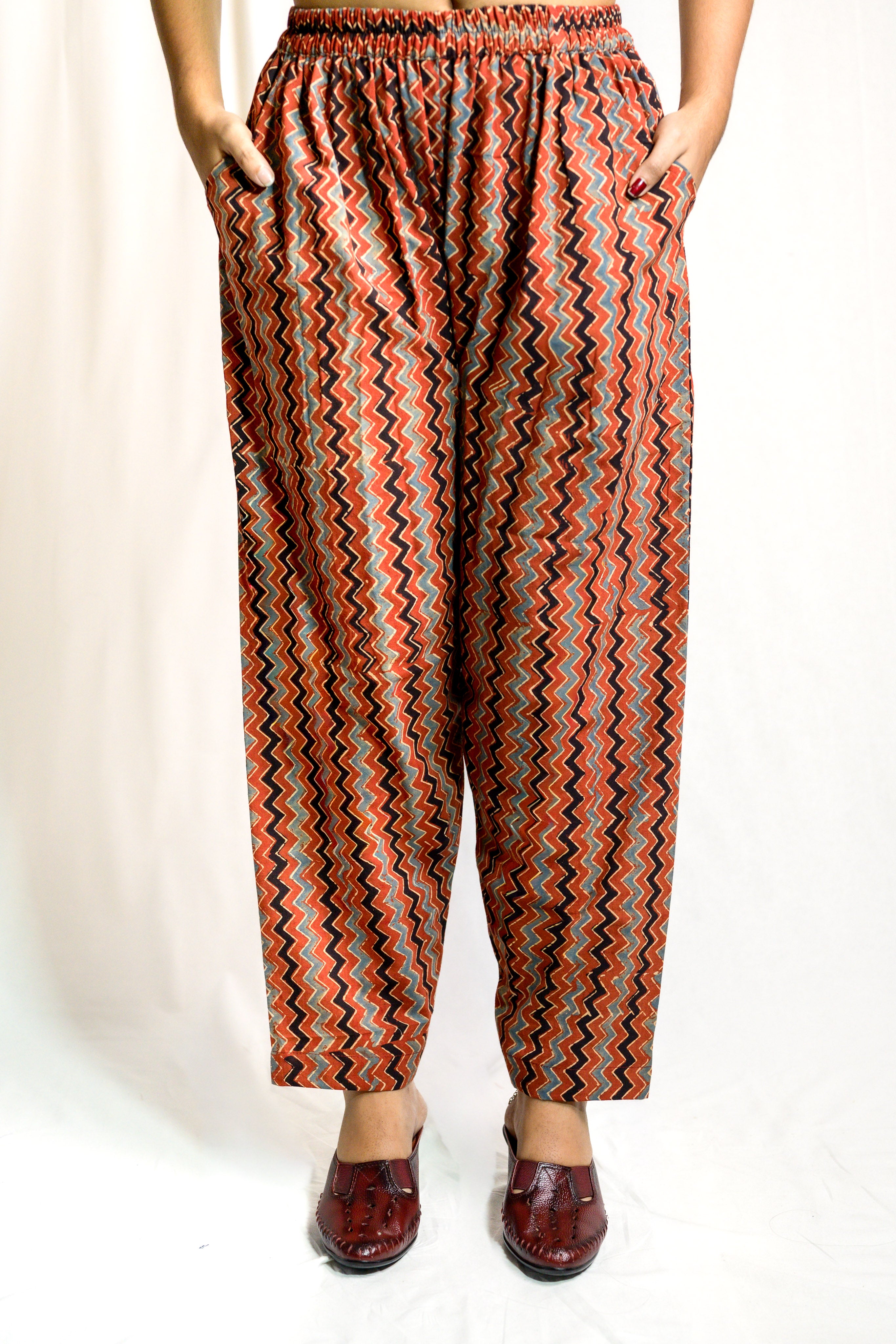 Madder Red Zig Zag Ajrakh Cotton Straight Pants