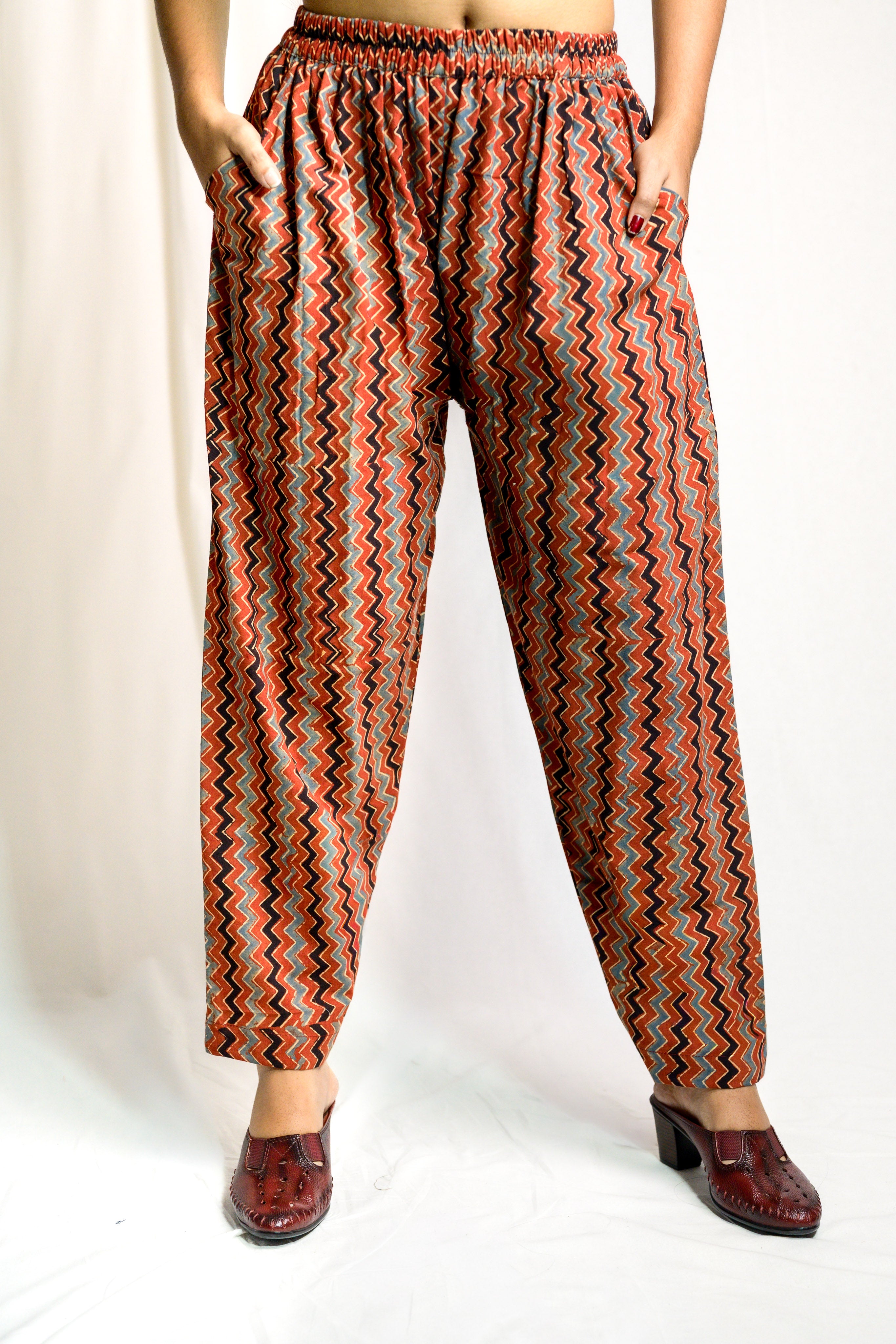 Madder Red Zig Zag Ajrakh Cotton Straight Pants