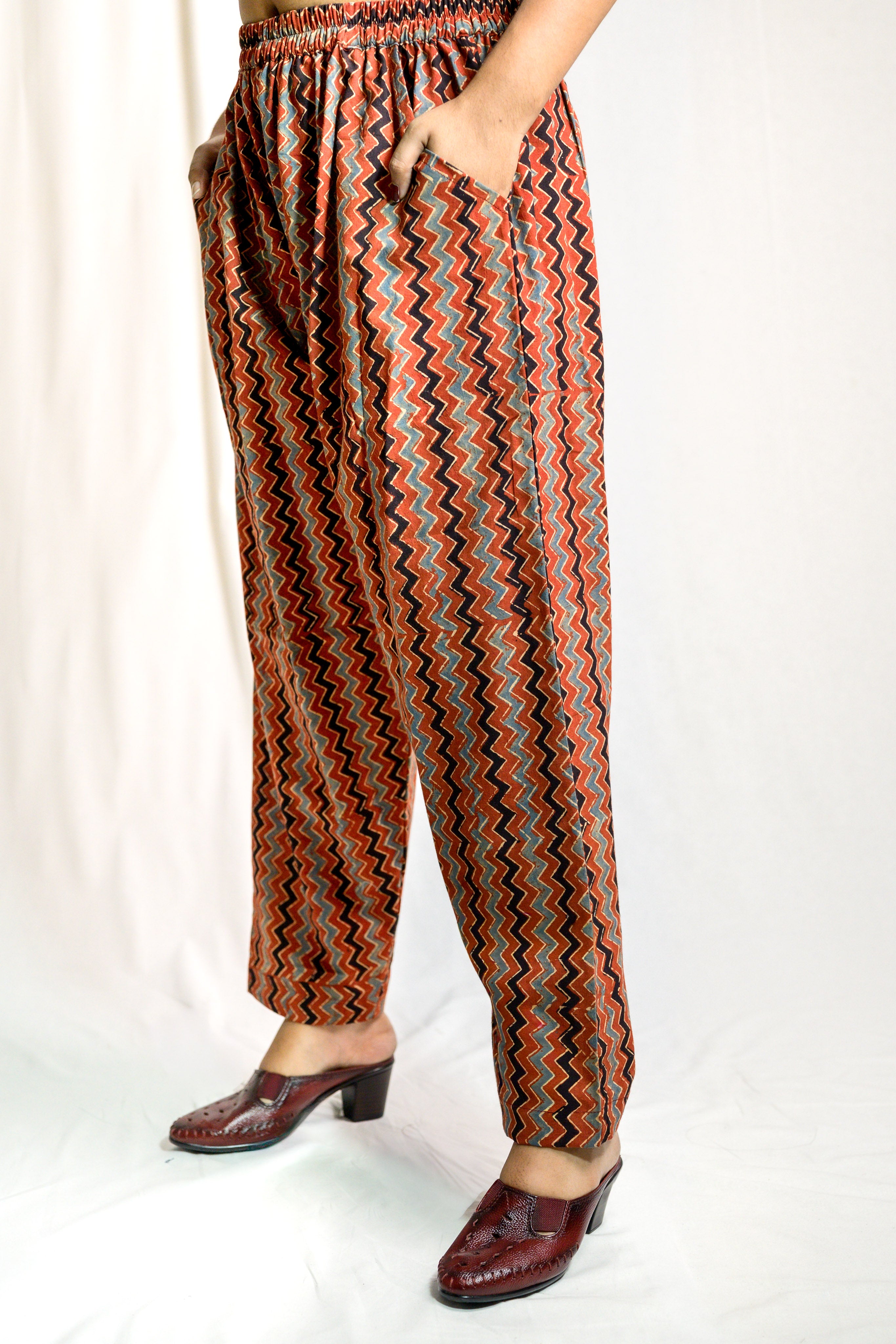 Madder Red Zig Zag Ajrakh Cotton Straight Pants