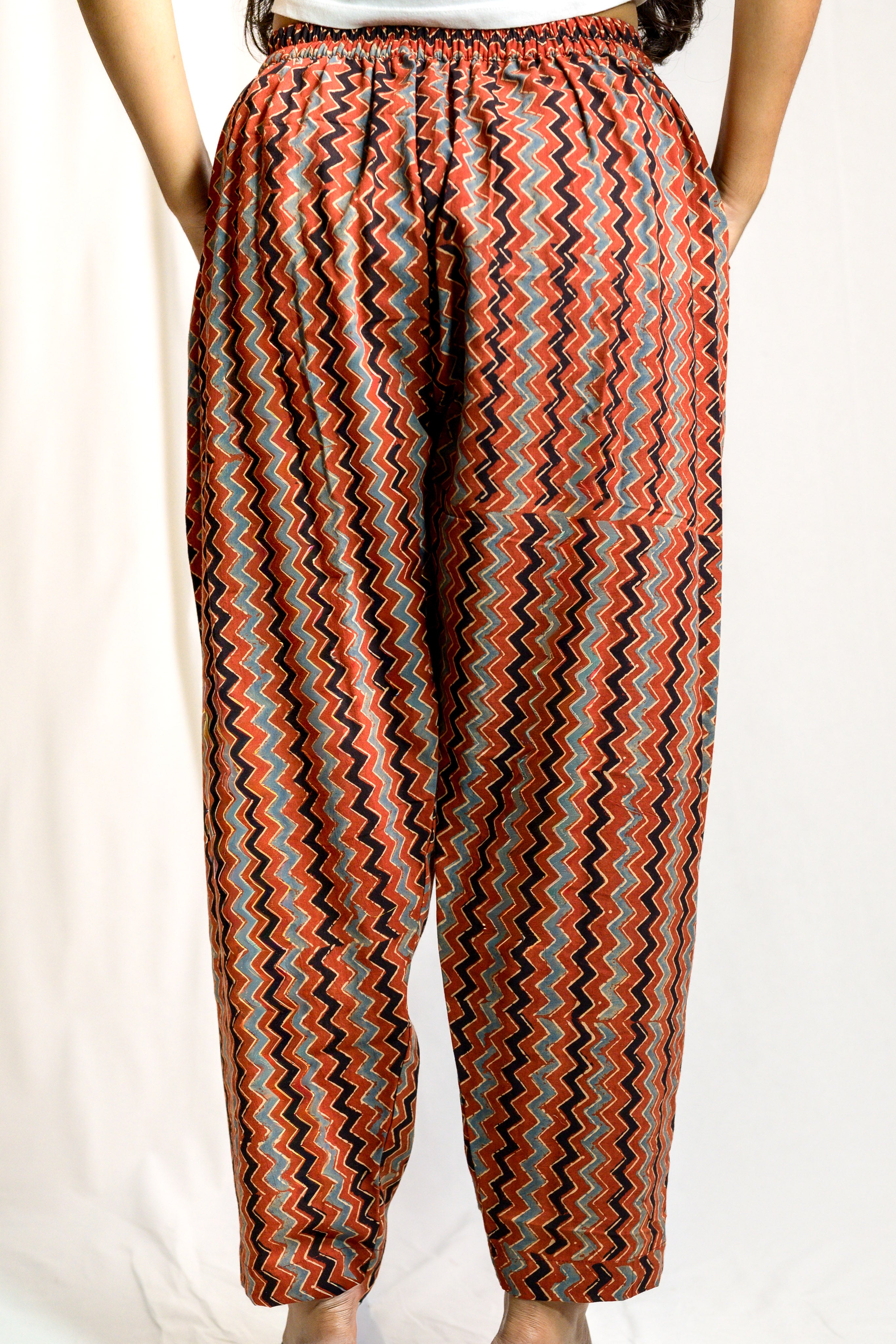 Madder Red Zig Zag Ajrakh Cotton Straight Pants