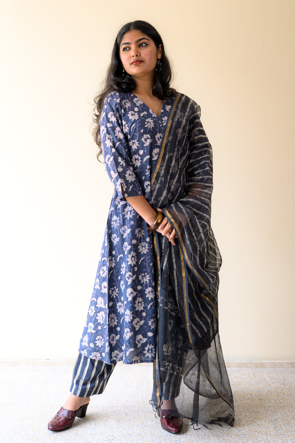 Set of 2- Surmayi Dusty Indigo Dabu Cotton Kurta & Pants Set