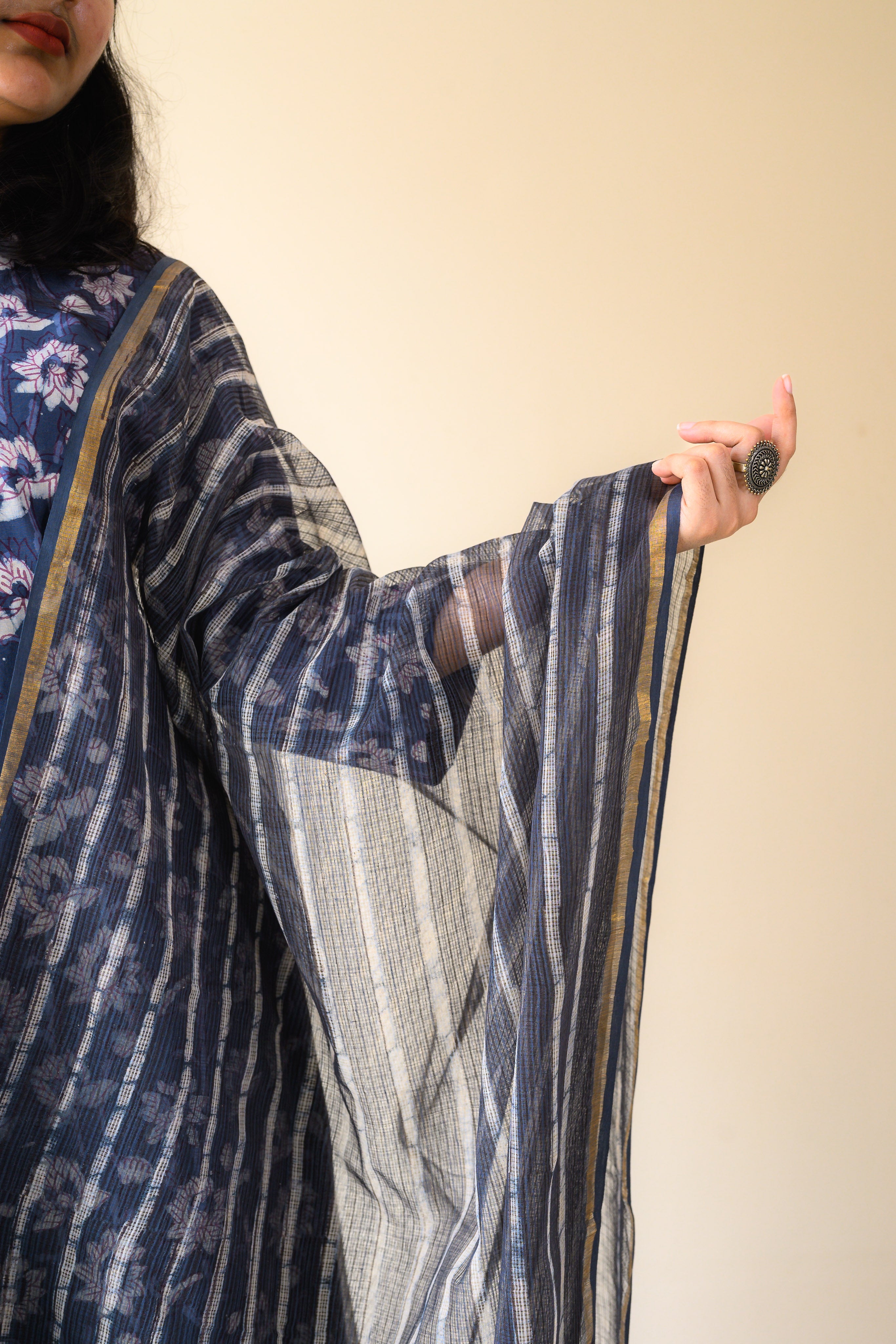 Surmayi Indigo Dabu Hand Print Kota Doria Dupatta