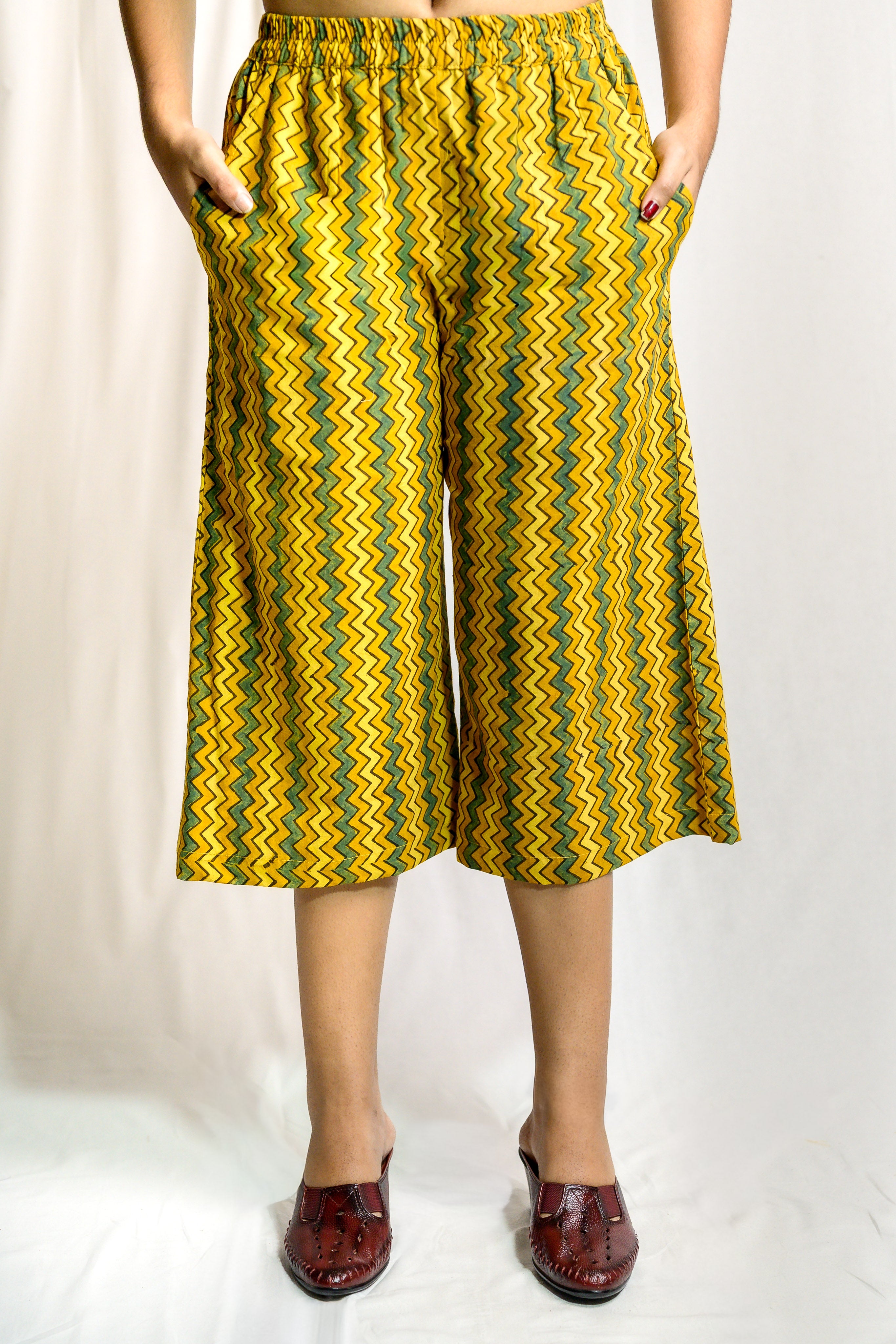 Yellow-Green Zig Zag Ajrakh Short Palazzo