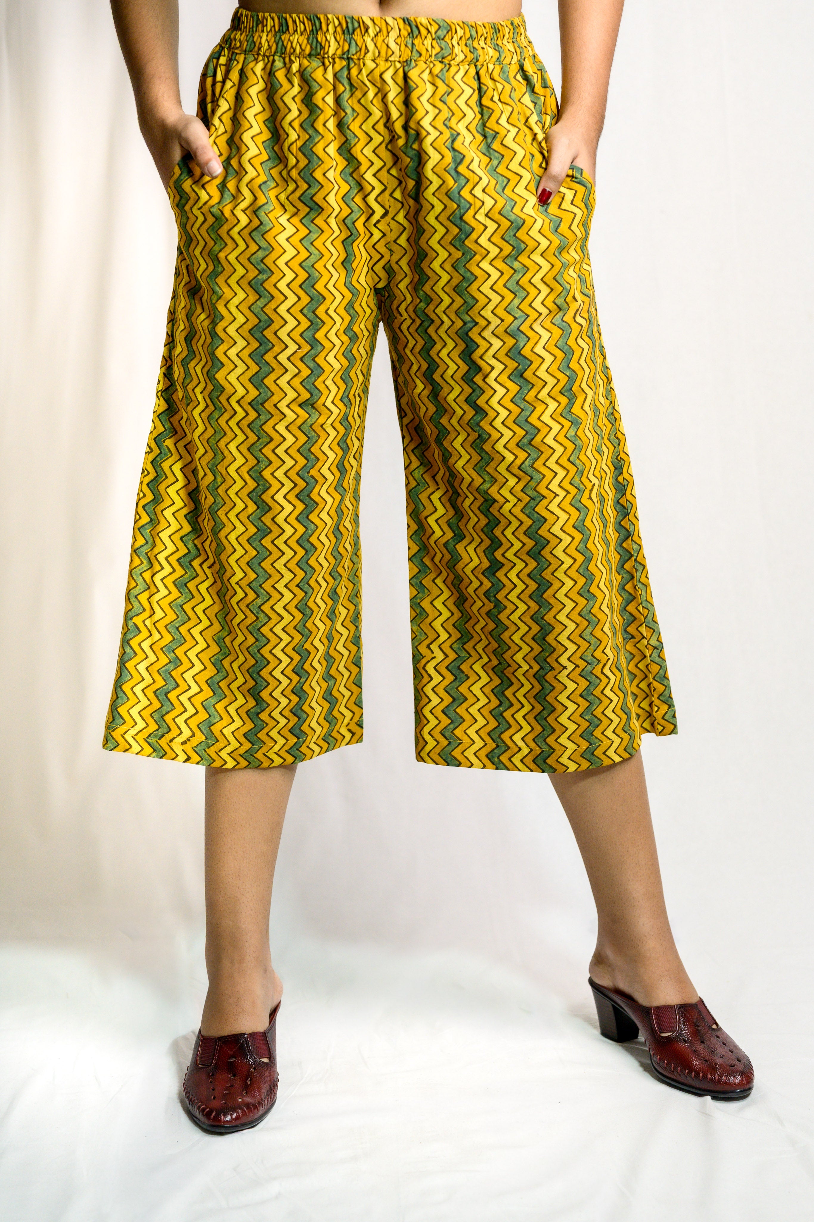 Yellow-Green Zig Zag Ajrakh Short Palazzo