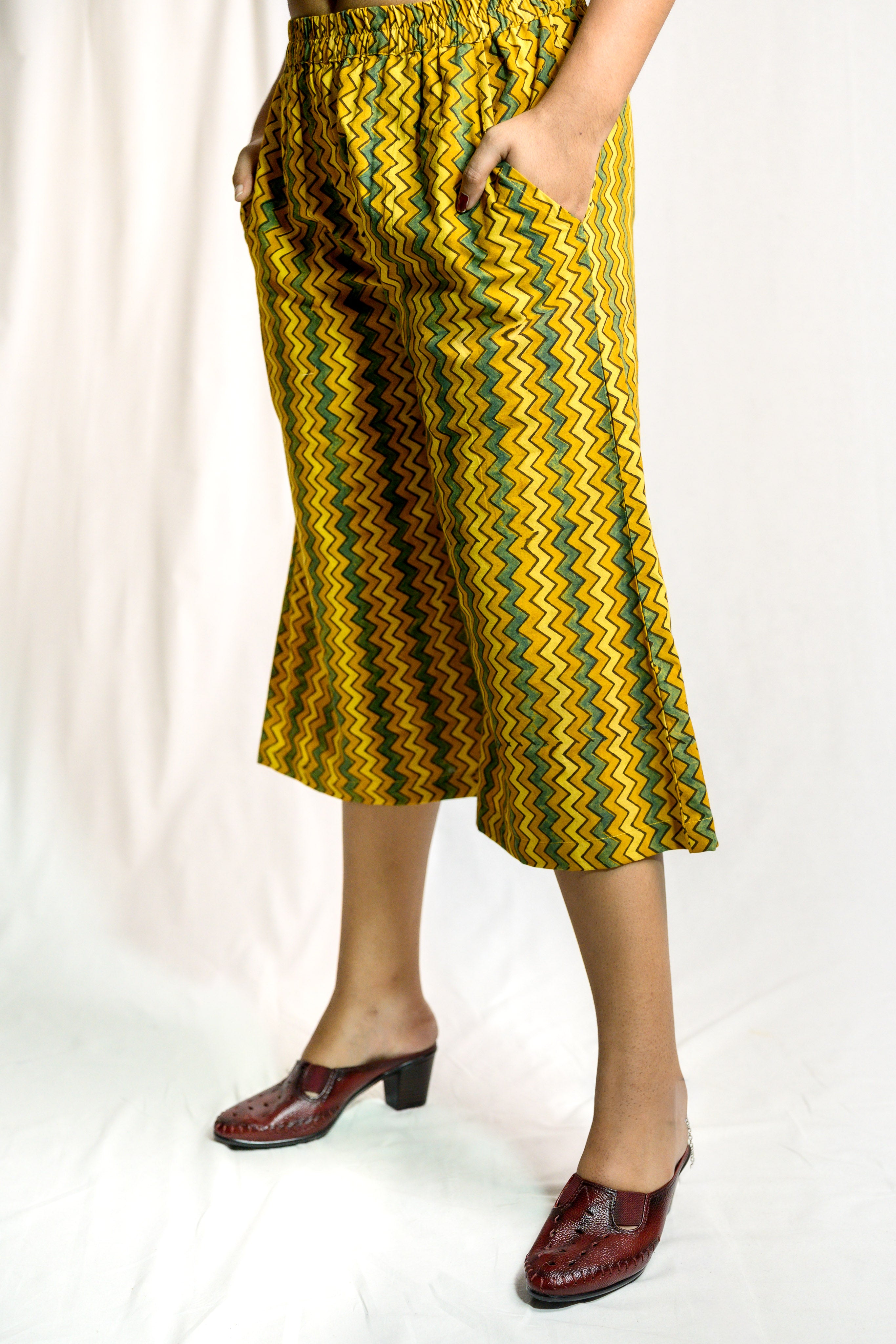 Yellow-Green Zig Zag Ajrakh Short Palazzo