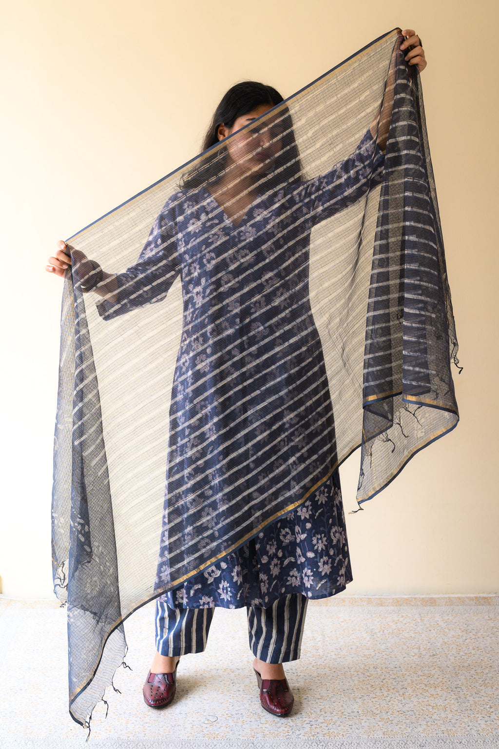 Surmayi Indigo Dabu Hand Print Kota Doria Dupatta