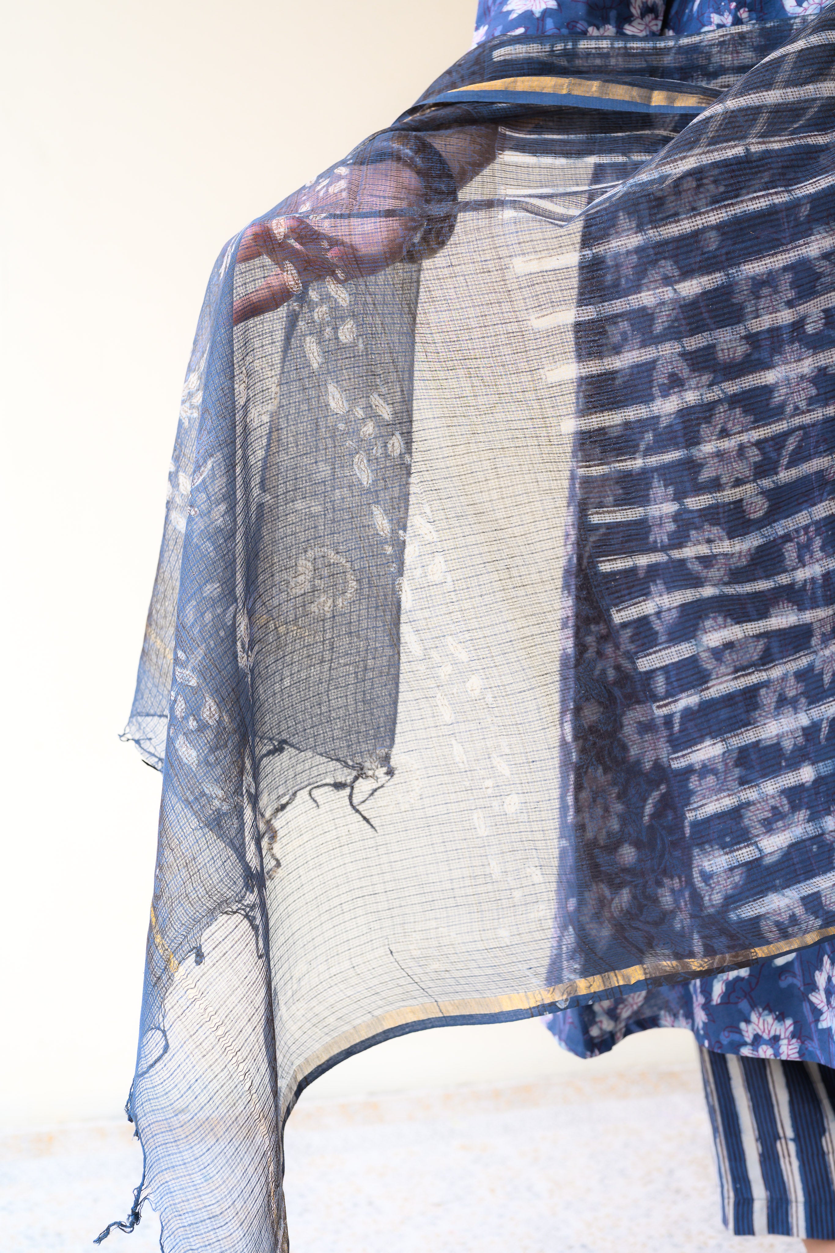 Surmayi Indigo Dabu Hand Print Kota Doria Dupatta