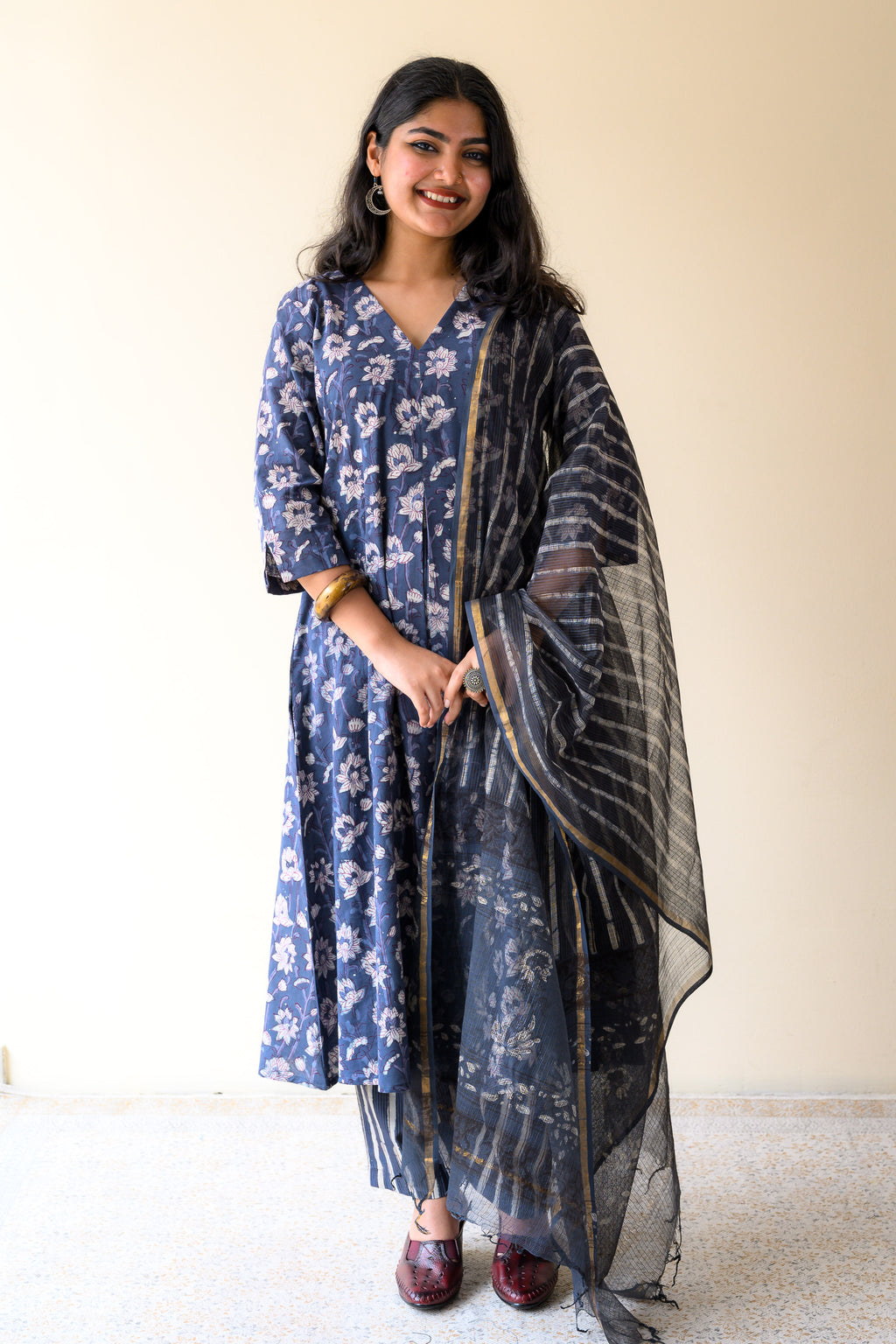 Surmayi Indigo Dabu Hand Print Kota Doria Dupatta