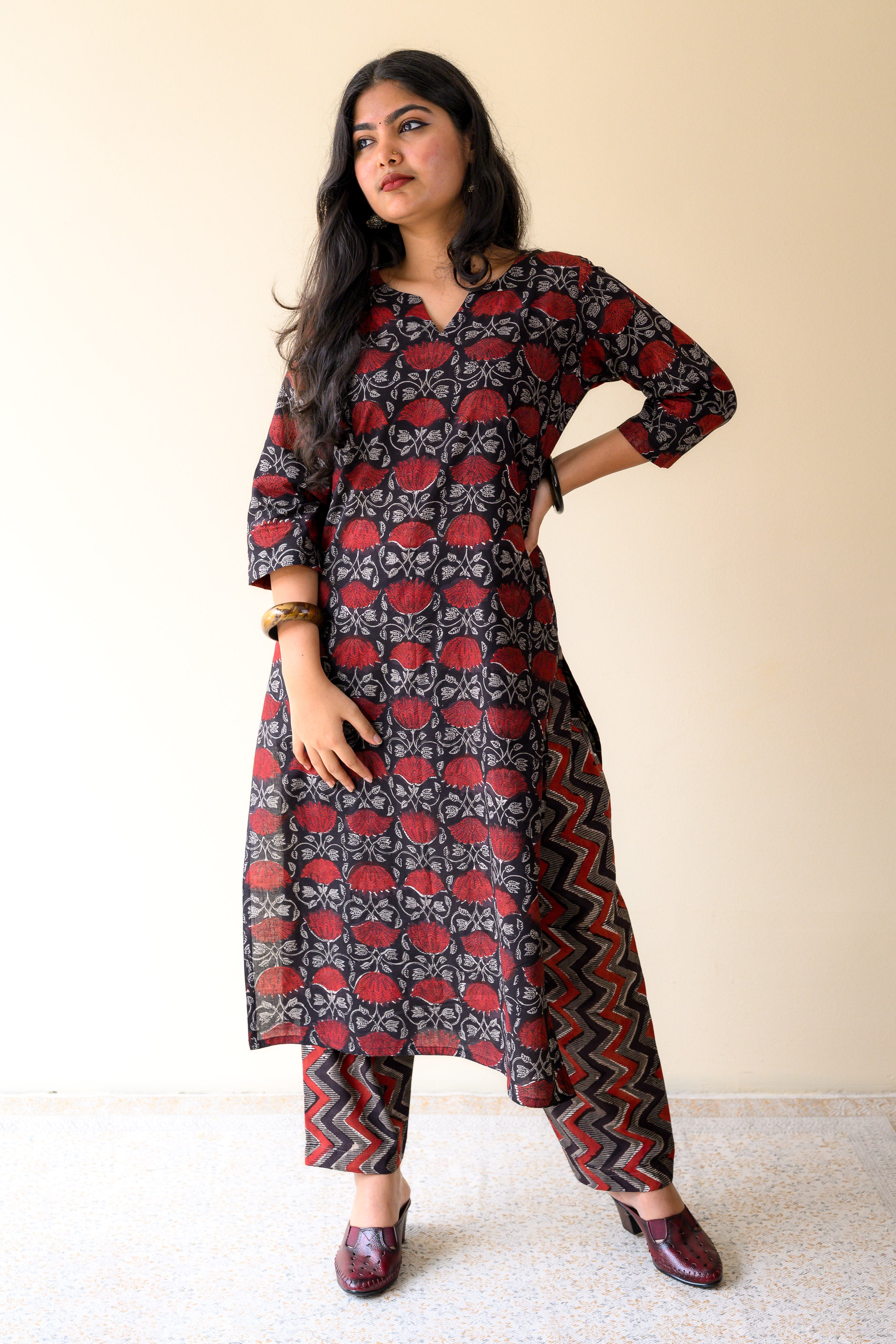 Set of 2- Zohra Black Dabu Cotton Kurta & Pants Set