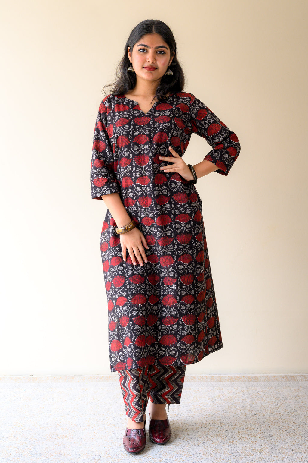 Set of 2- Zohra Black Dabu Cotton Kurta & Pants Set