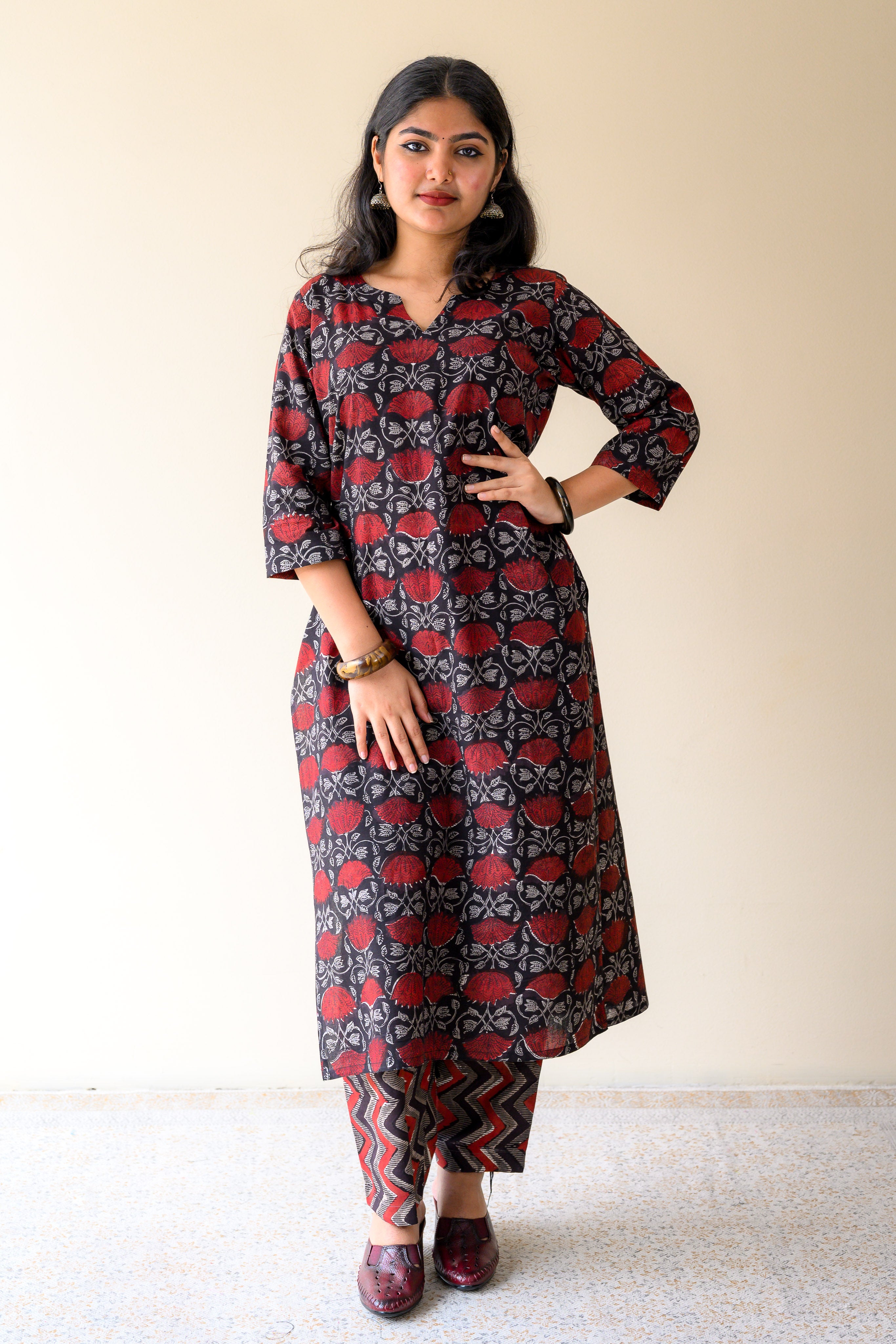 Set of 2- Zohra Black Dabu Cotton Kurta & Pants Set