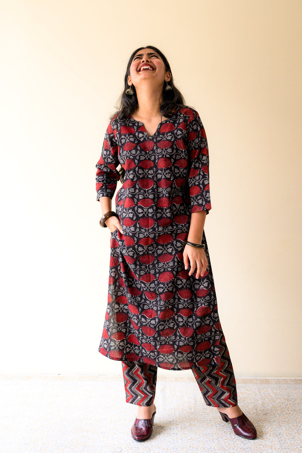 Set of 2- Zohra Black Dabu Cotton Kurta & Pants Set