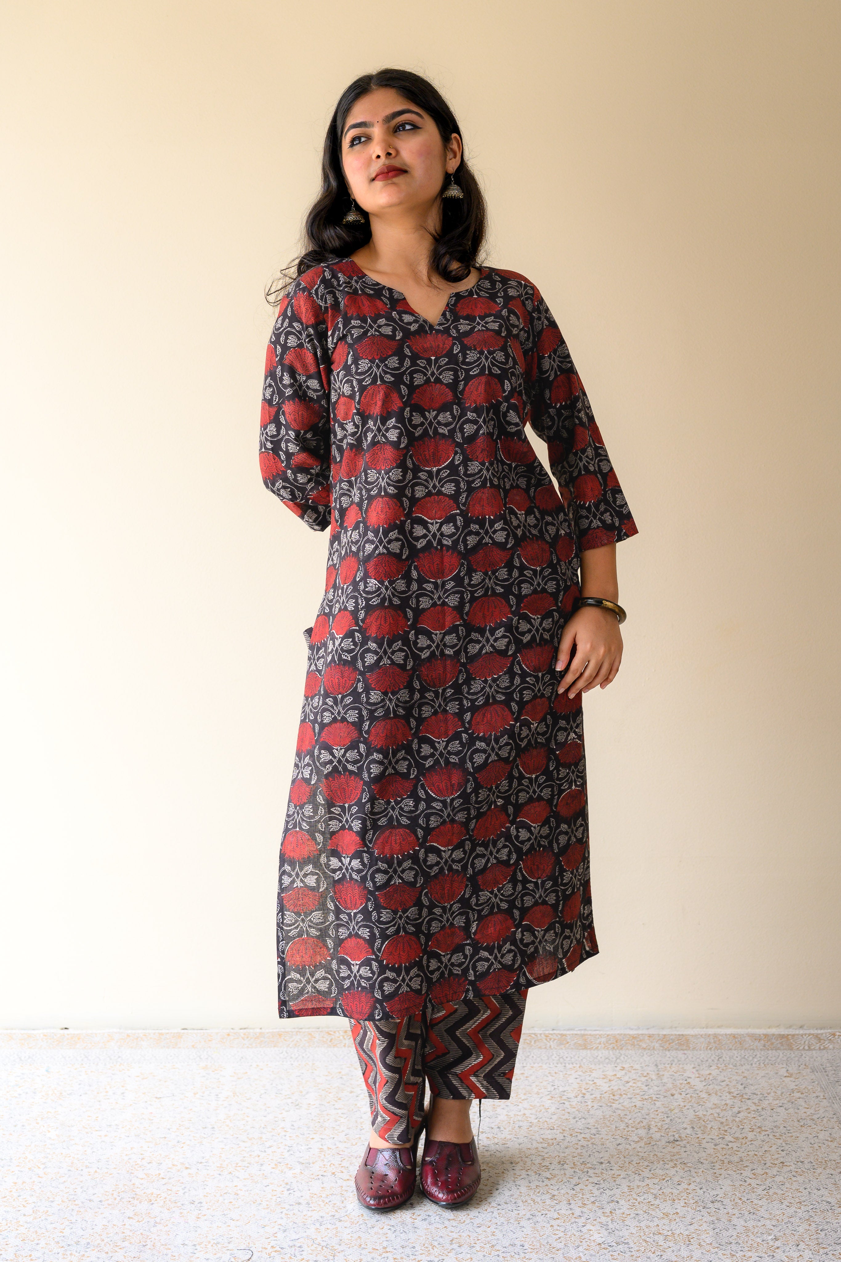 Set of 2- Zohra Black Dabu Cotton Kurta & Pants Set