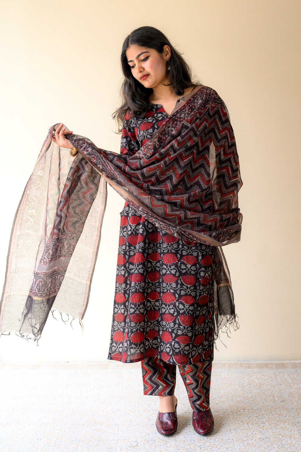 Zohra Black Dabu Hand Print Kota Doria Dupatta