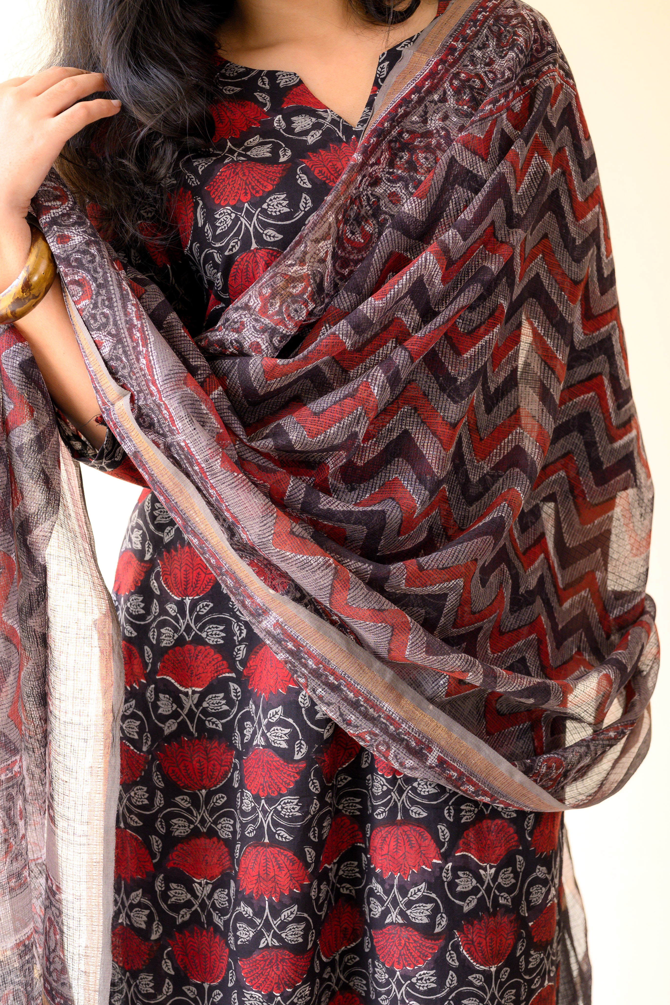 Zohra Black Dabu Hand Print Kota Doria Dupatta