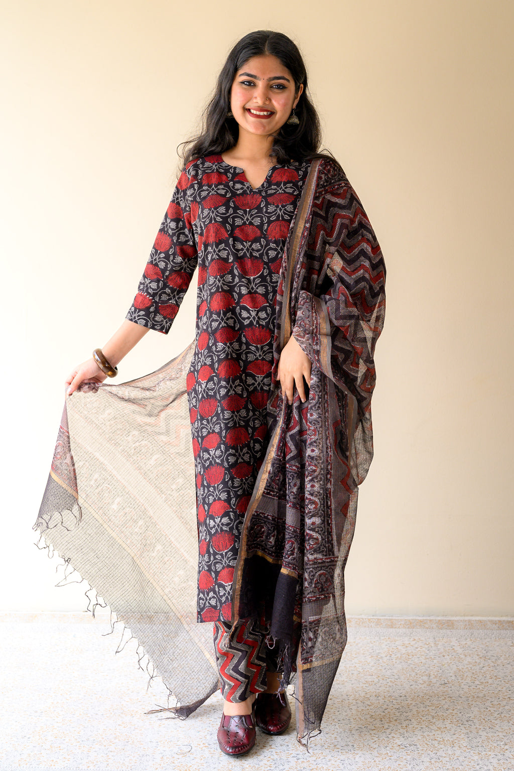 Zohra Black Dabu Hand Print Kota Doria Dupatta