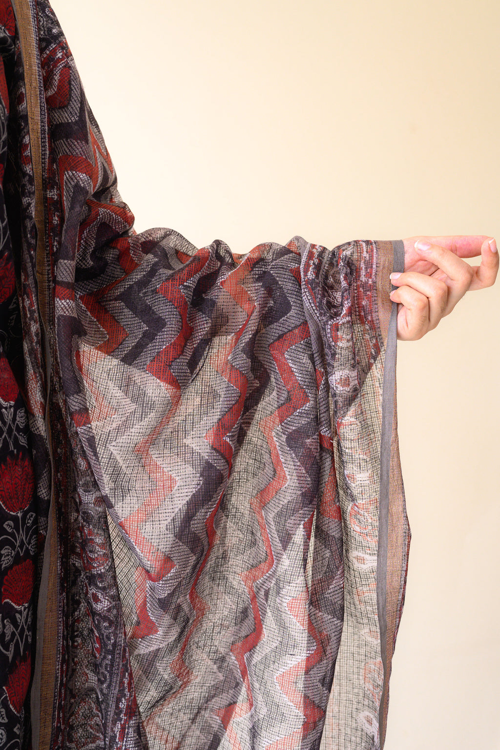 Zohra Black Dabu Hand Print Kota Doria Dupatta