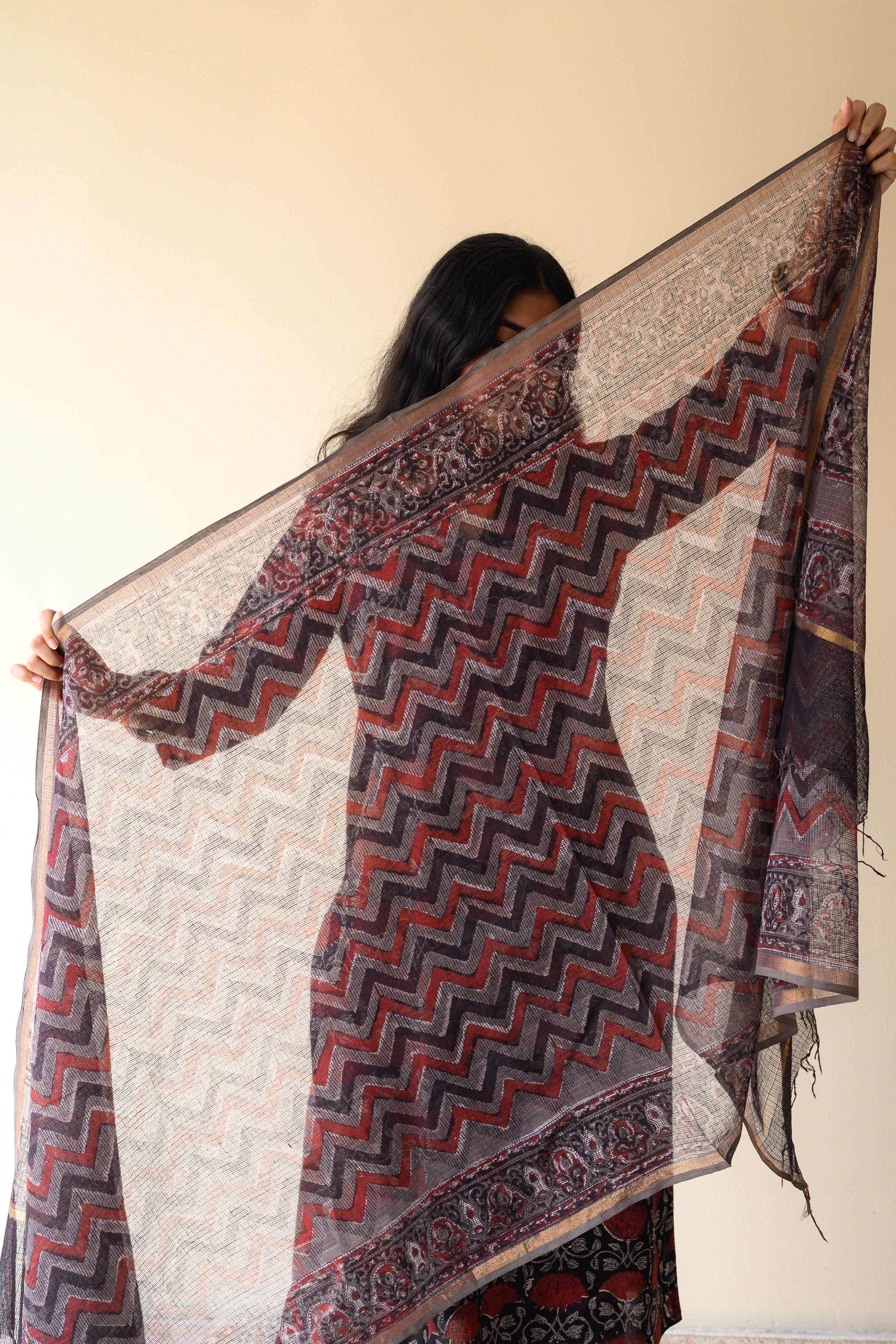 Zohra Black Dabu Hand Print Kota Doria Dupatta