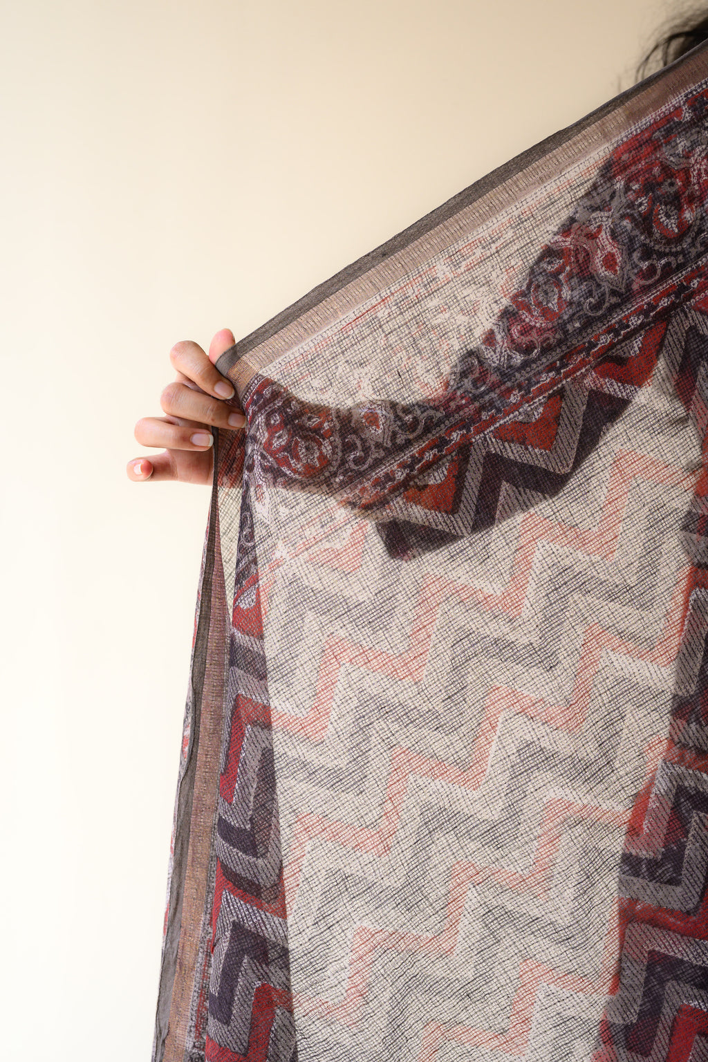 Zohra Black Dabu Hand Print Kota Doria Dupatta