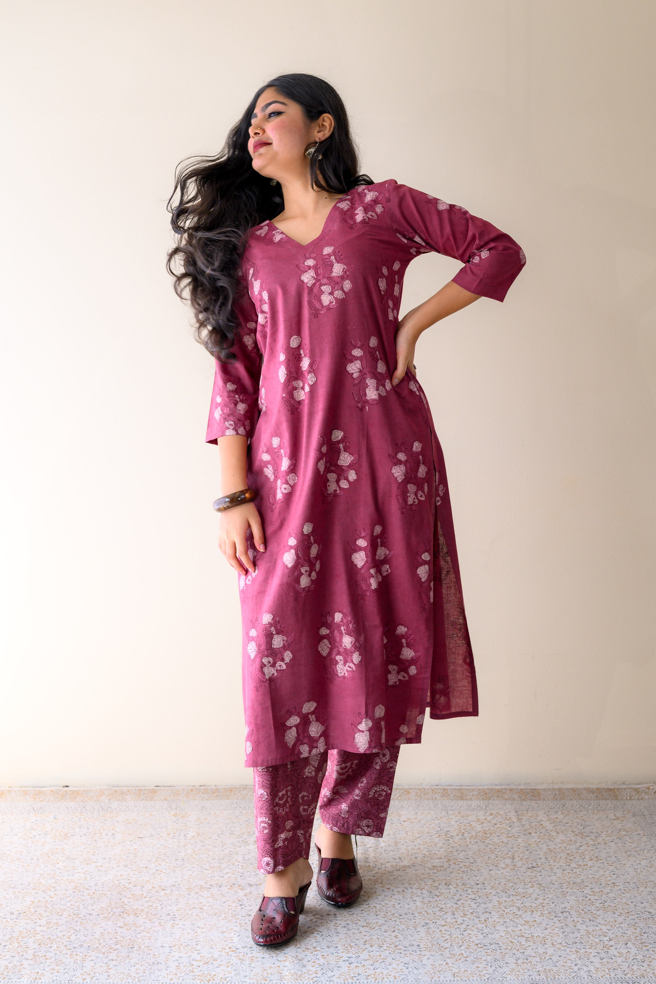 Set of 2- Meher Pink Dabu Cotton Kurta & Pants Set