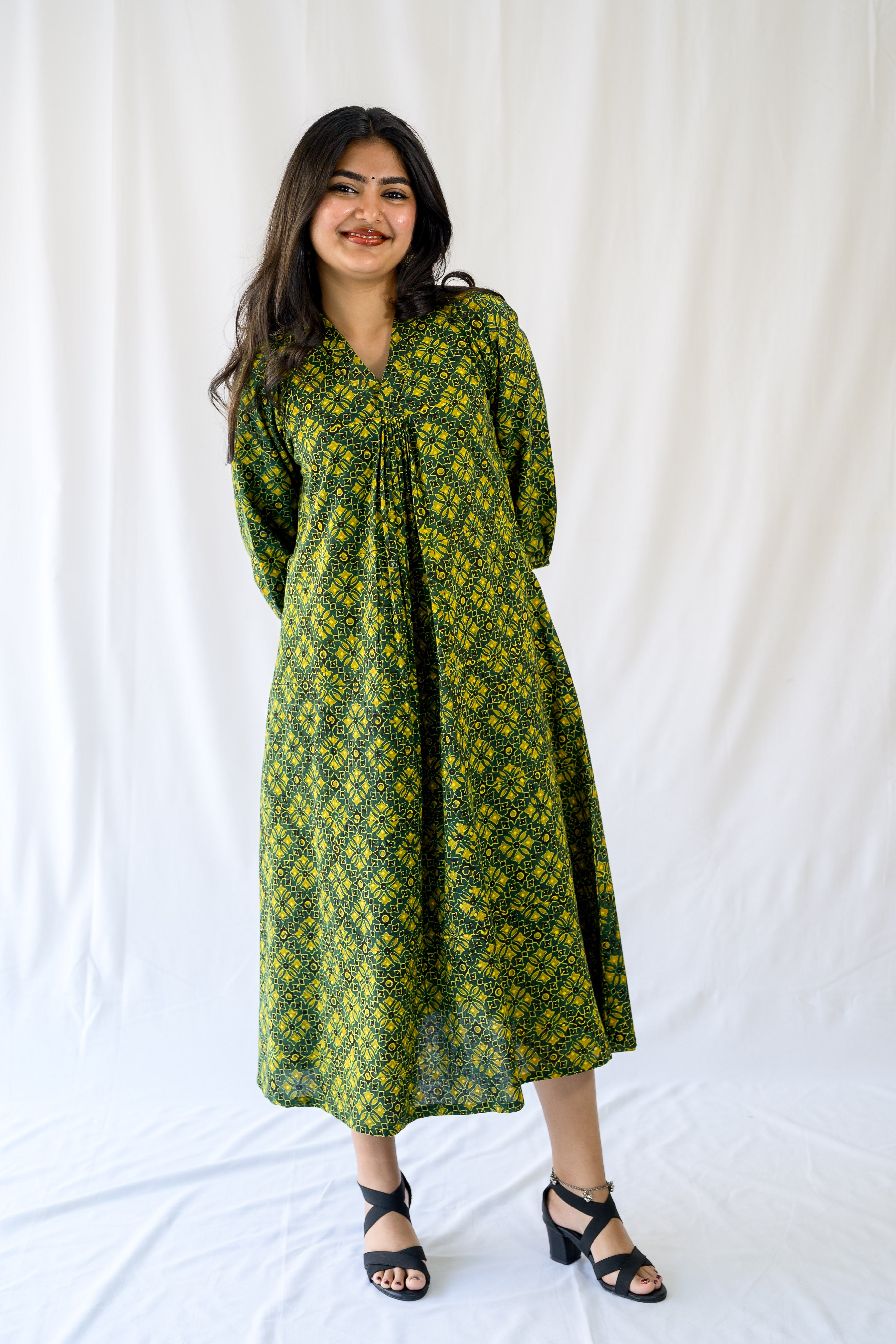 Zareen Bottle Green Ajrakh Dress