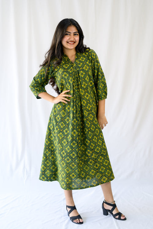 Zareen Bottle Green Ajrakh Dress