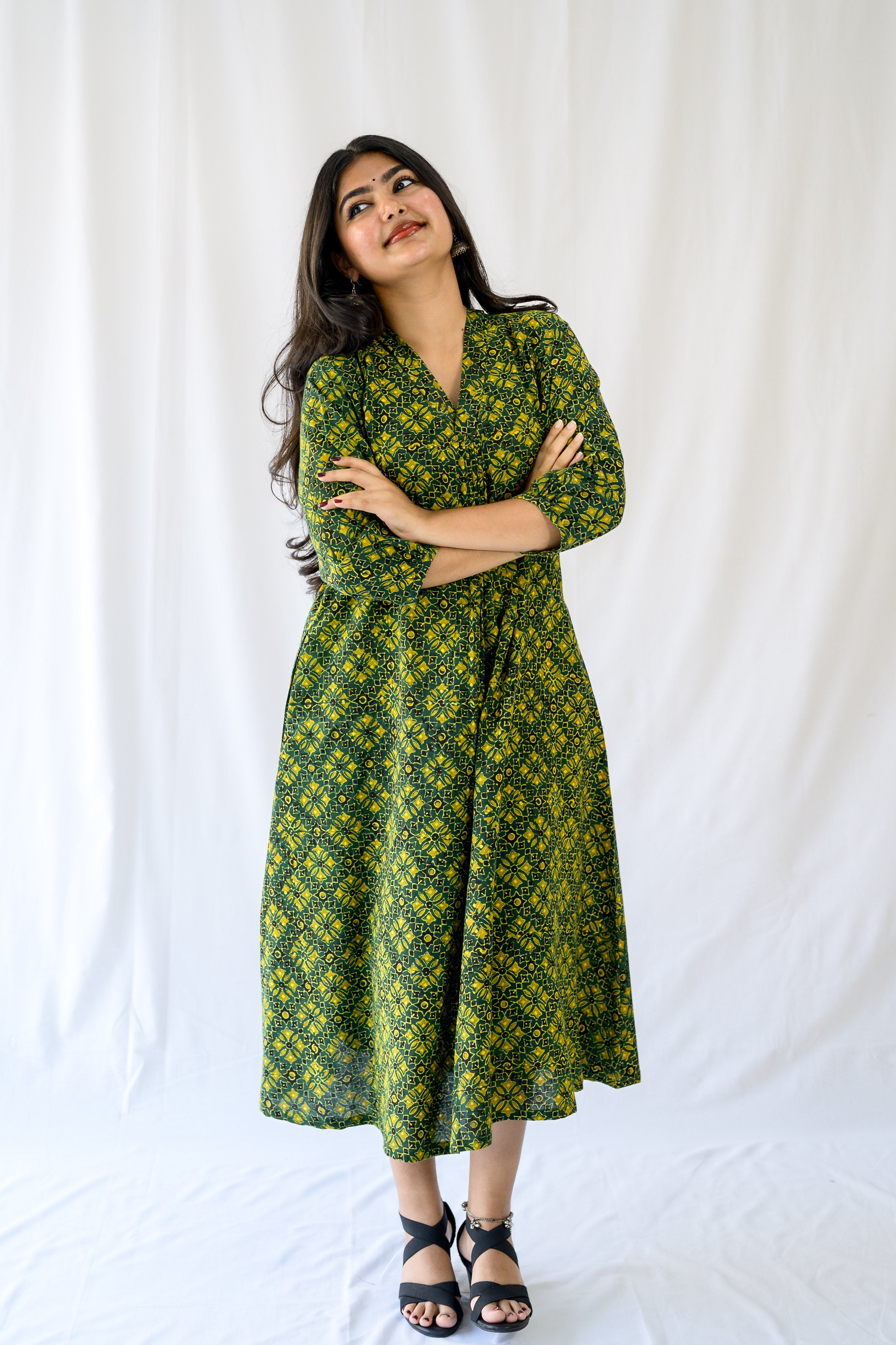 Zareen Bottle Green Ajrakh Dress