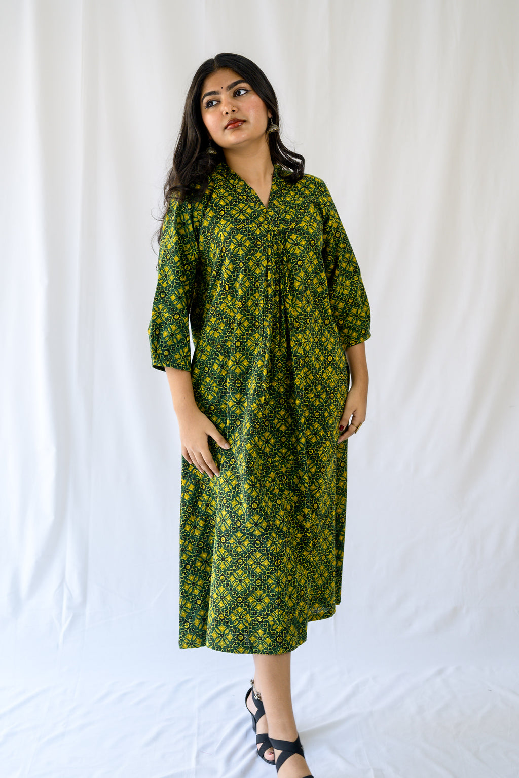 Zareen Bottle Green Ajrakh Dress