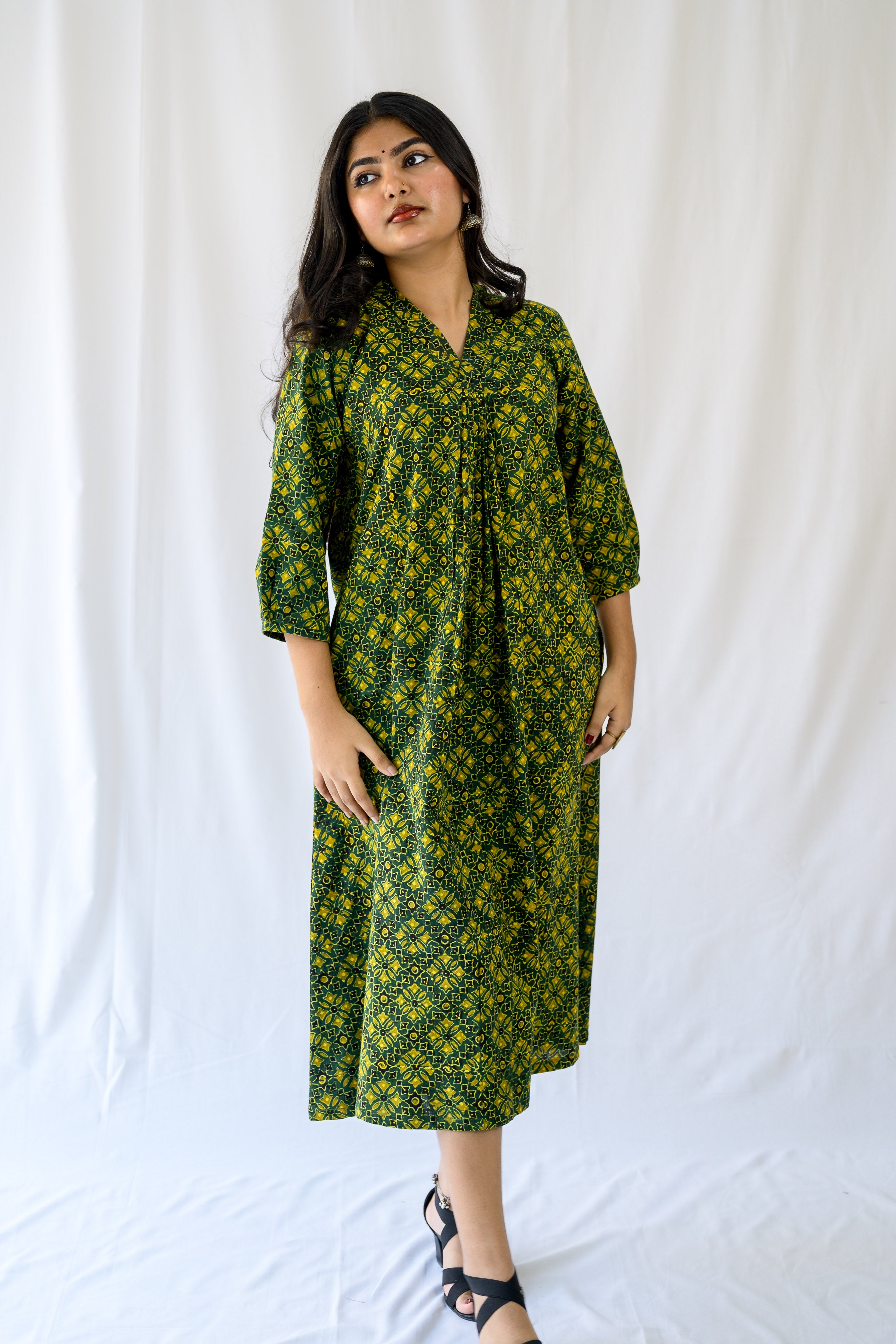 Zareen Bottle Green Ajrakh Dress