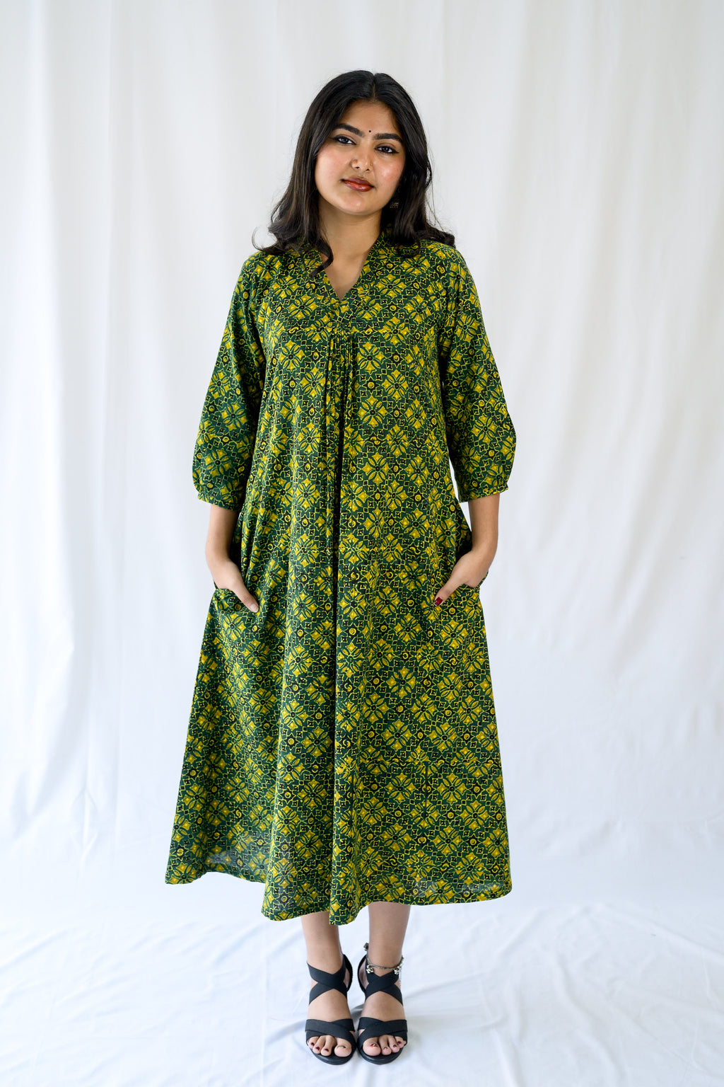 Zareen Bottle Green Ajrakh Dress