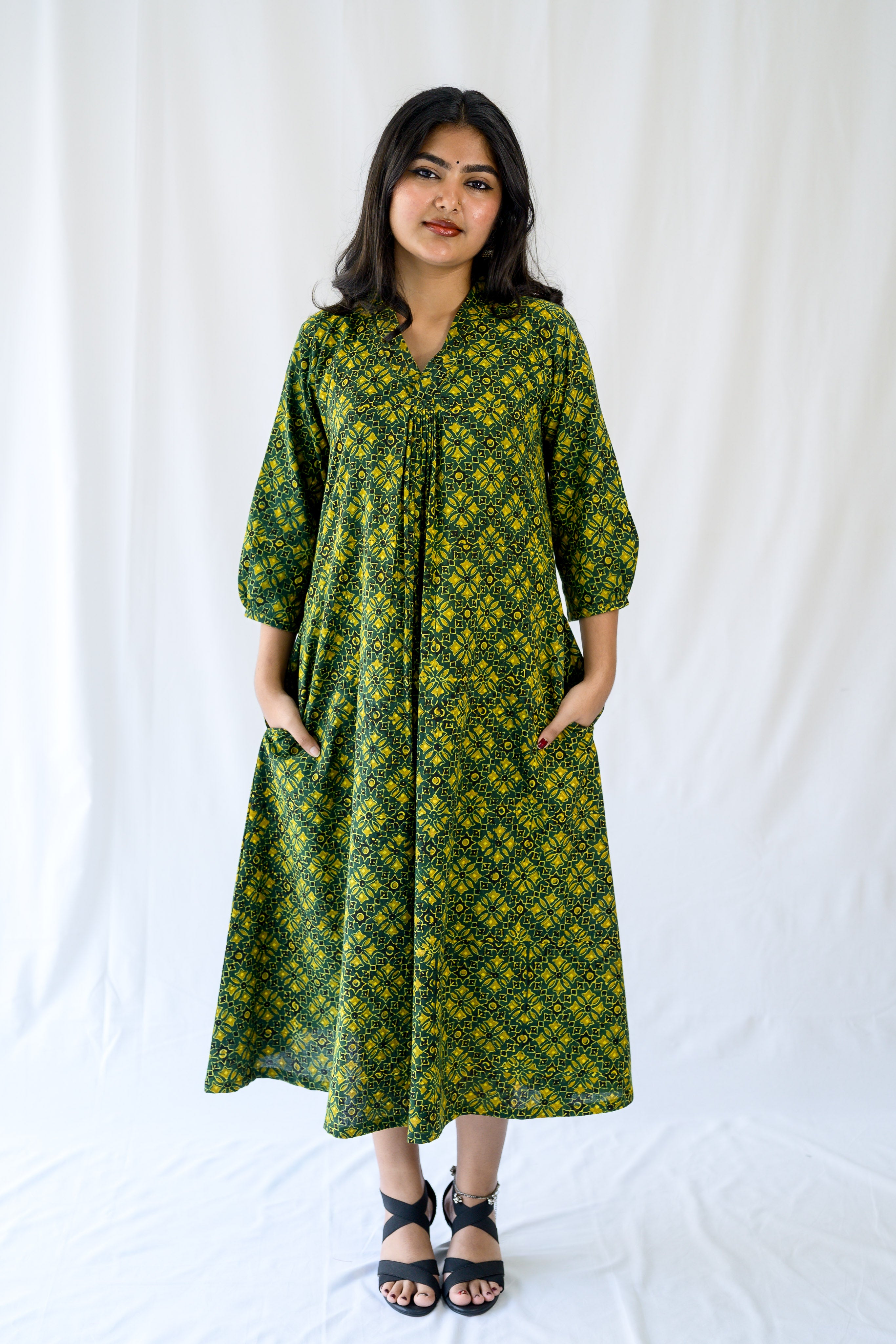 Zareen Bottle Green Ajrakh Dress