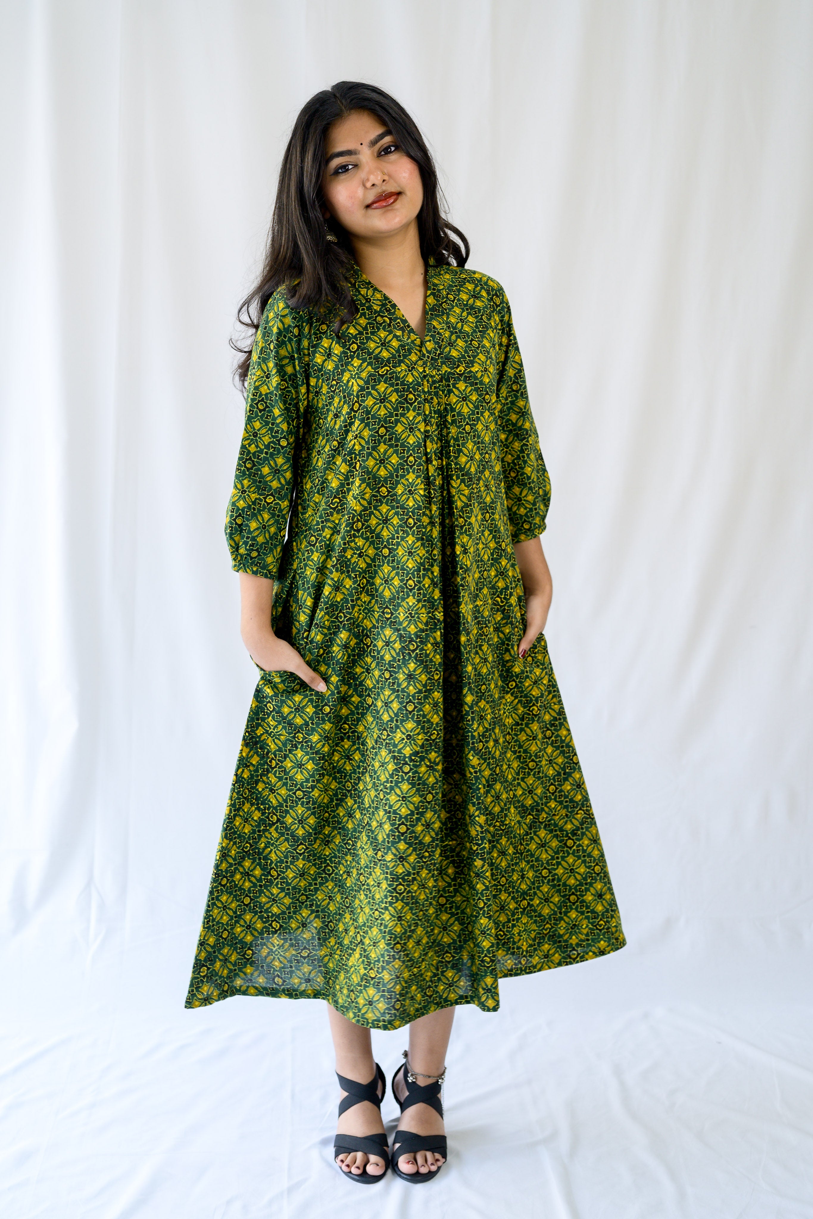 Zareen Bottle Green Ajrakh Dress