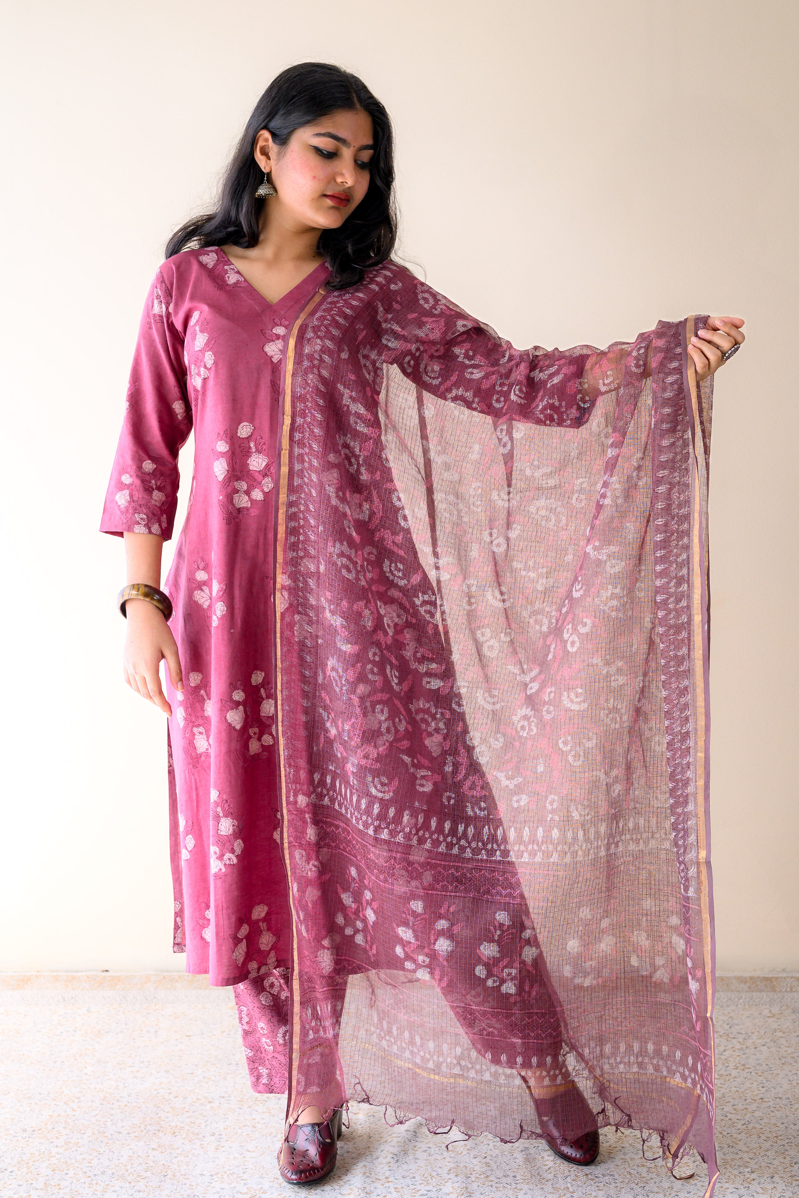 Meher Dusty Pink Dabu Kota Doria Dupatta