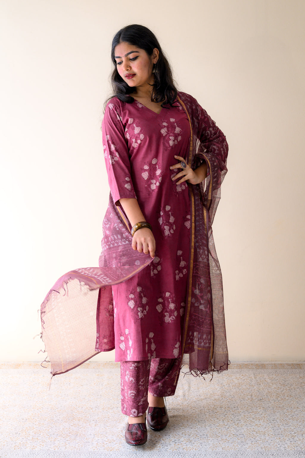 Set of 2- Meher Pink Dabu Cotton Kurta & Pants Set