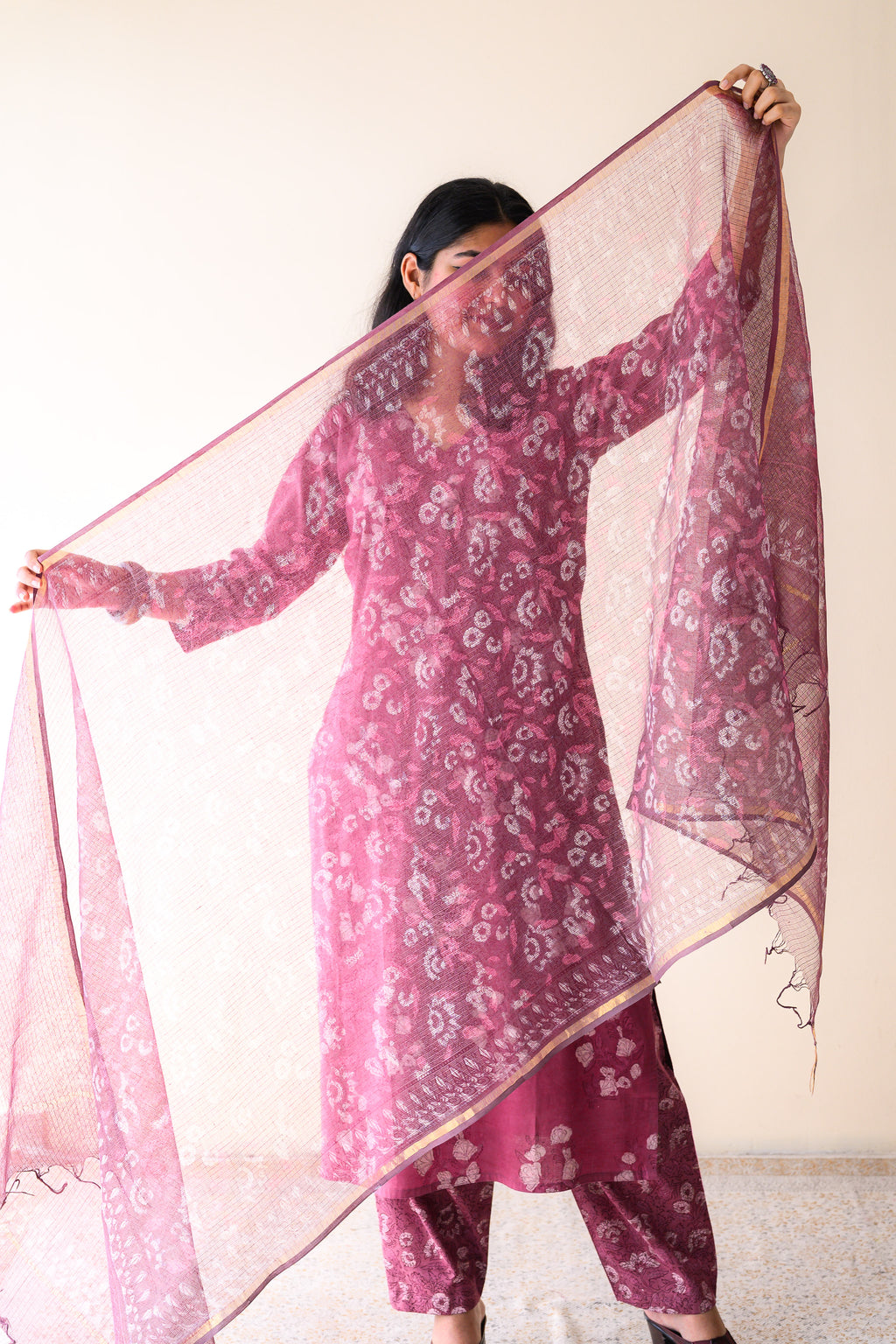 Meher Dusty Pink Dabu Kota Doria Dupatta