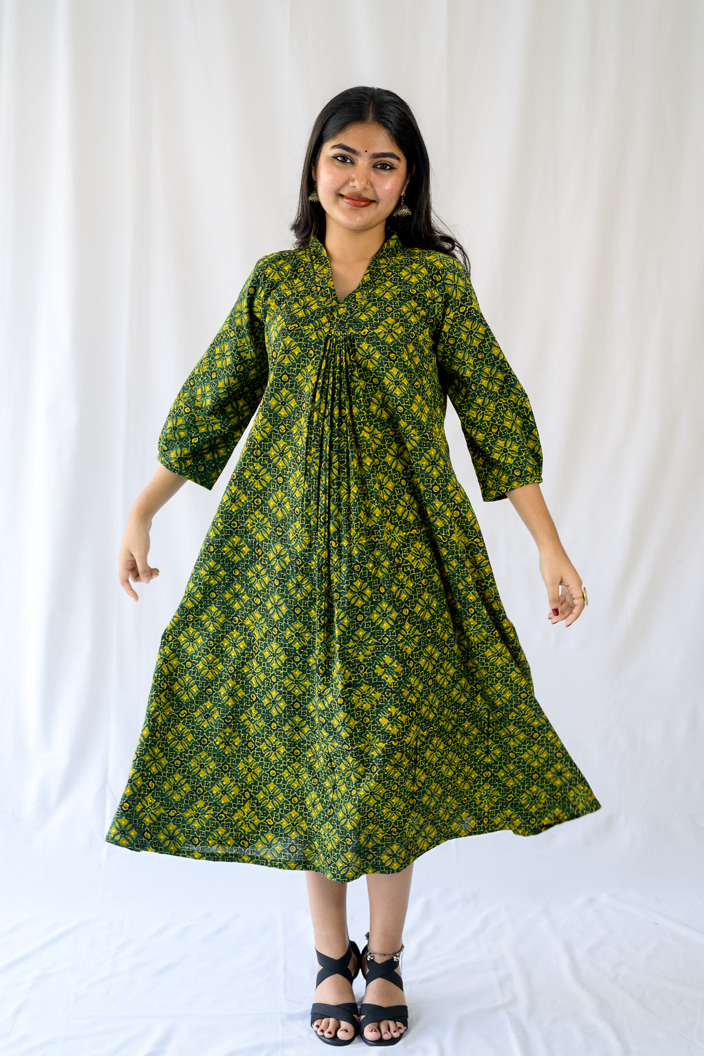 Zareen Bottle Green Ajrakh Dress