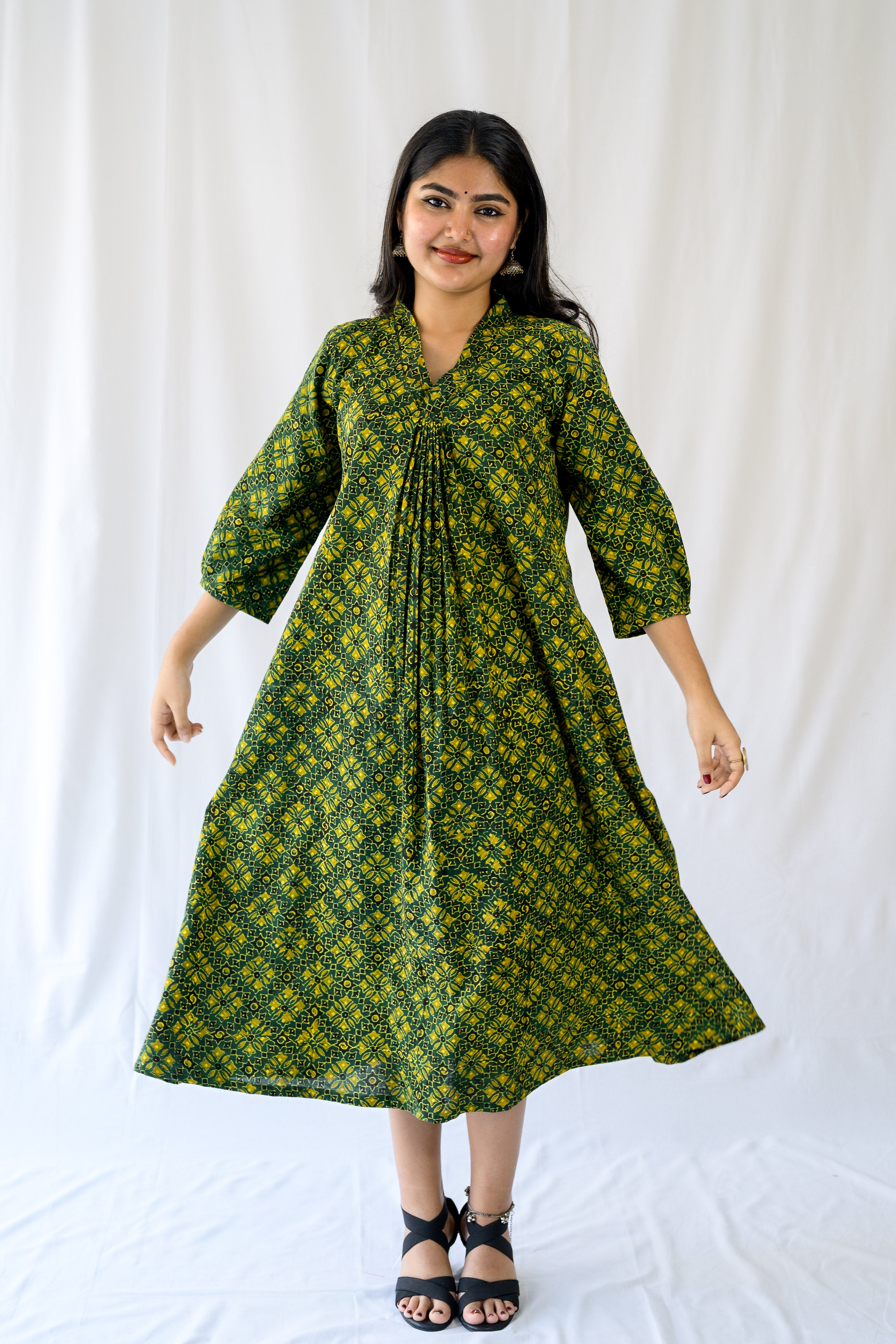 Zareen Bottle Green Ajrakh Dress