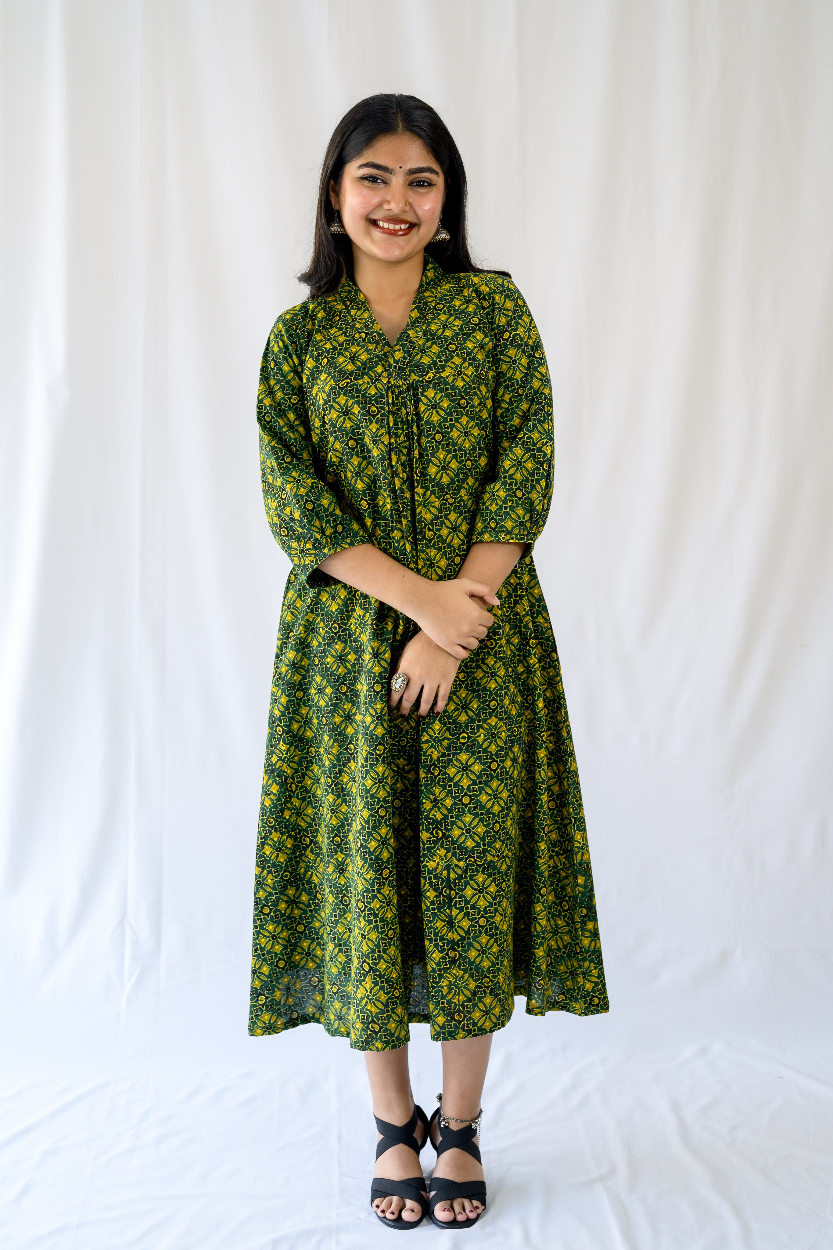 Zareen Bottle Green Ajrakh Dress