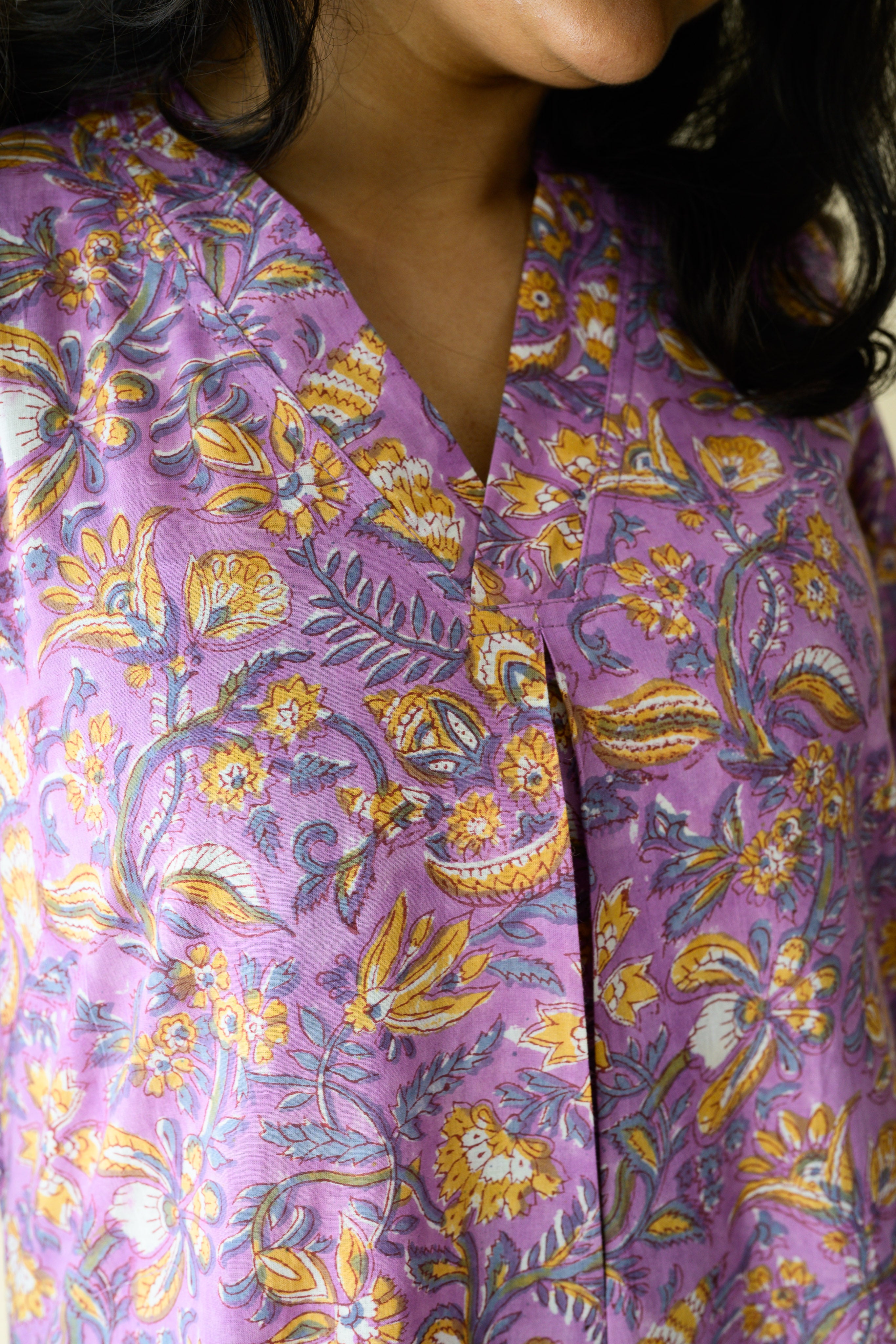 Set of 2- Piyu Lilac Sanganeri Cotton Kurta & Pants Set