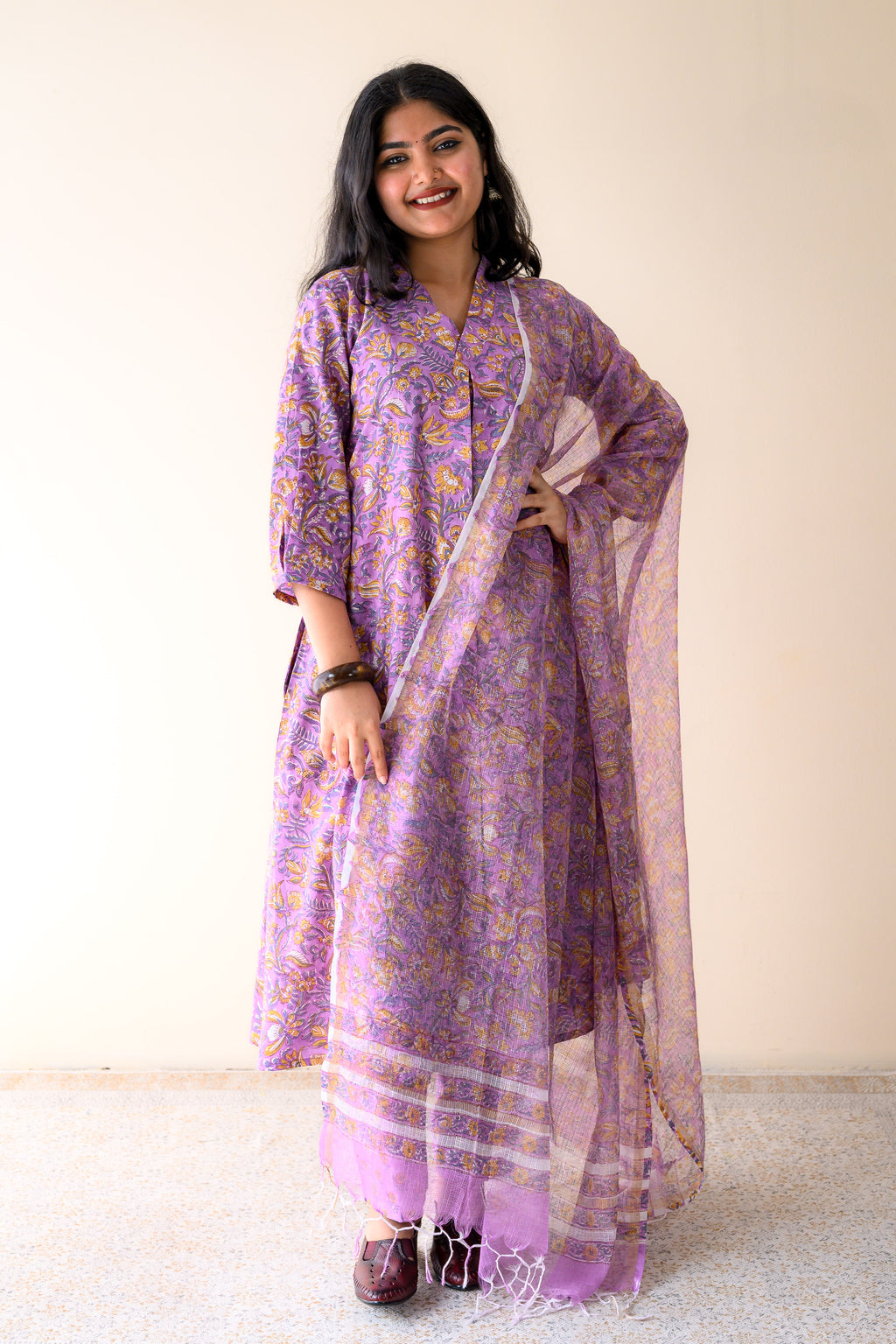 Set of 2- Piyu Lilac Sanganeri Cotton Kurta & Pants Set