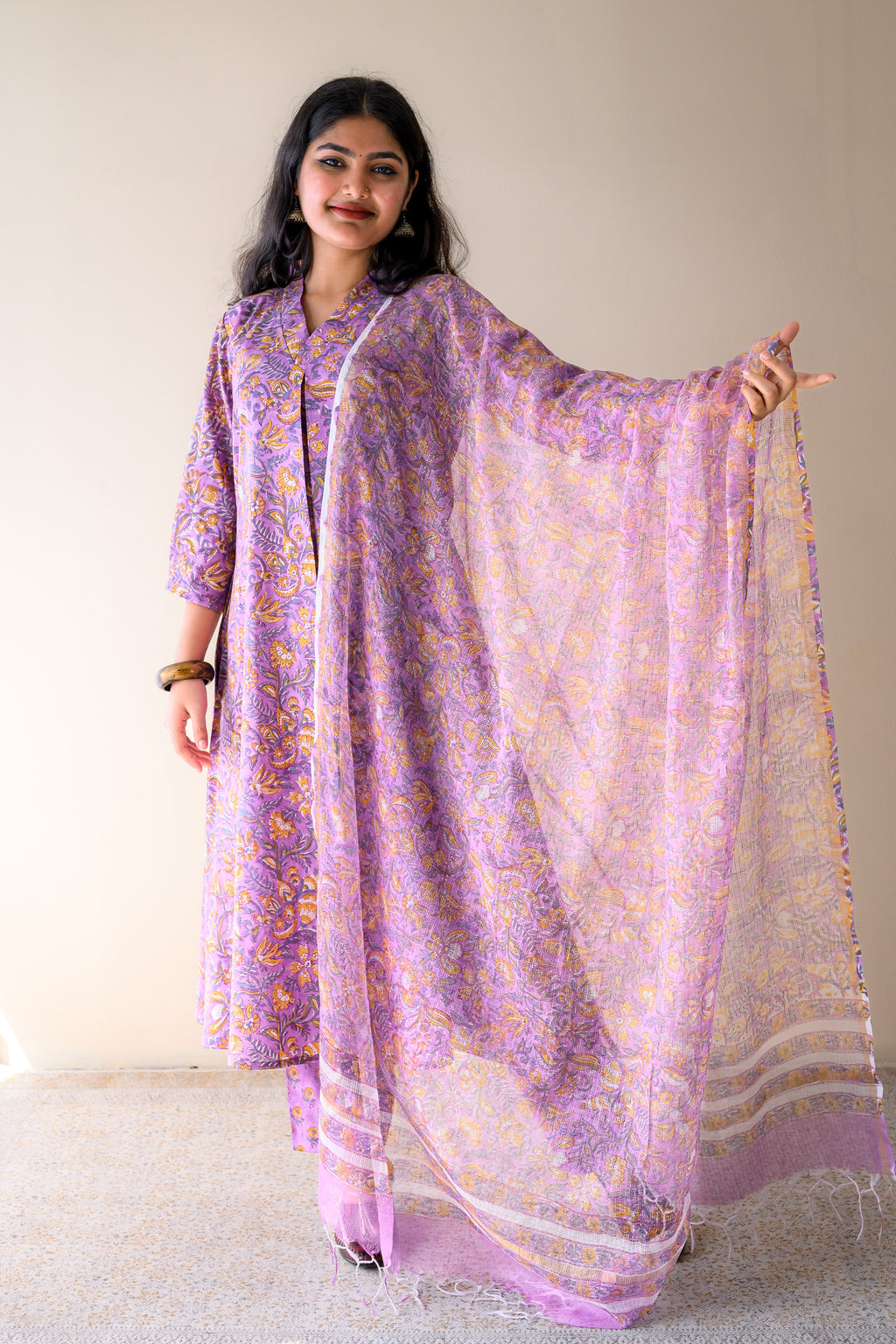 Set of 2- Piyu Lilac Sanganeri Cotton Kurta & Pants Set