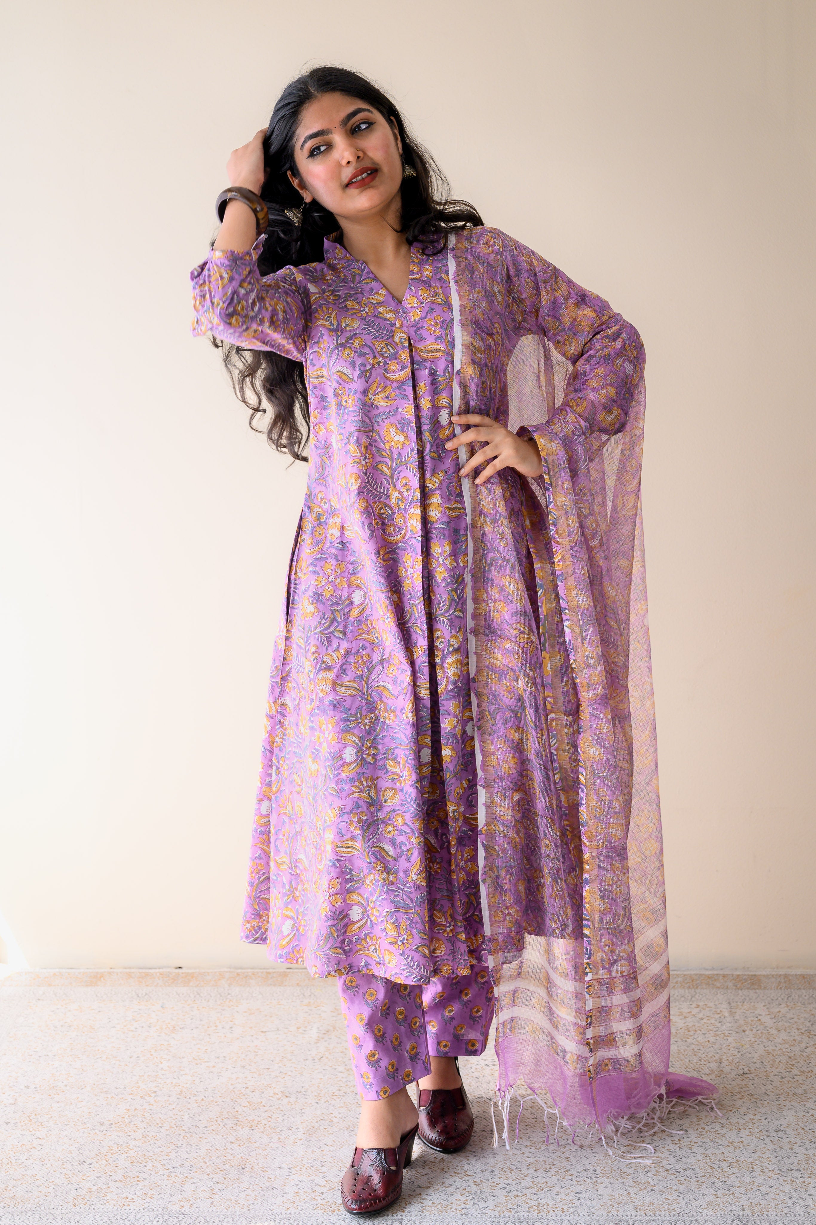Set of 2- Piyu Lilac Sanganeri Cotton Kurta & Pants Set
