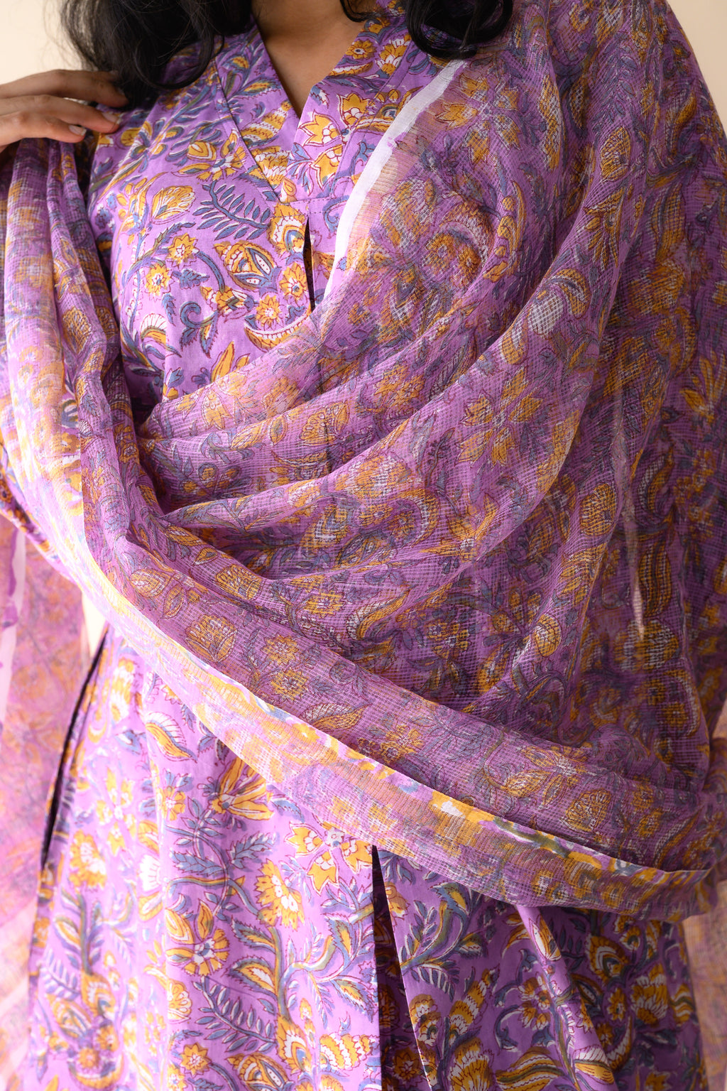 Piyu Lilac Sanganeri Hand Print Kota Doria Dupatta