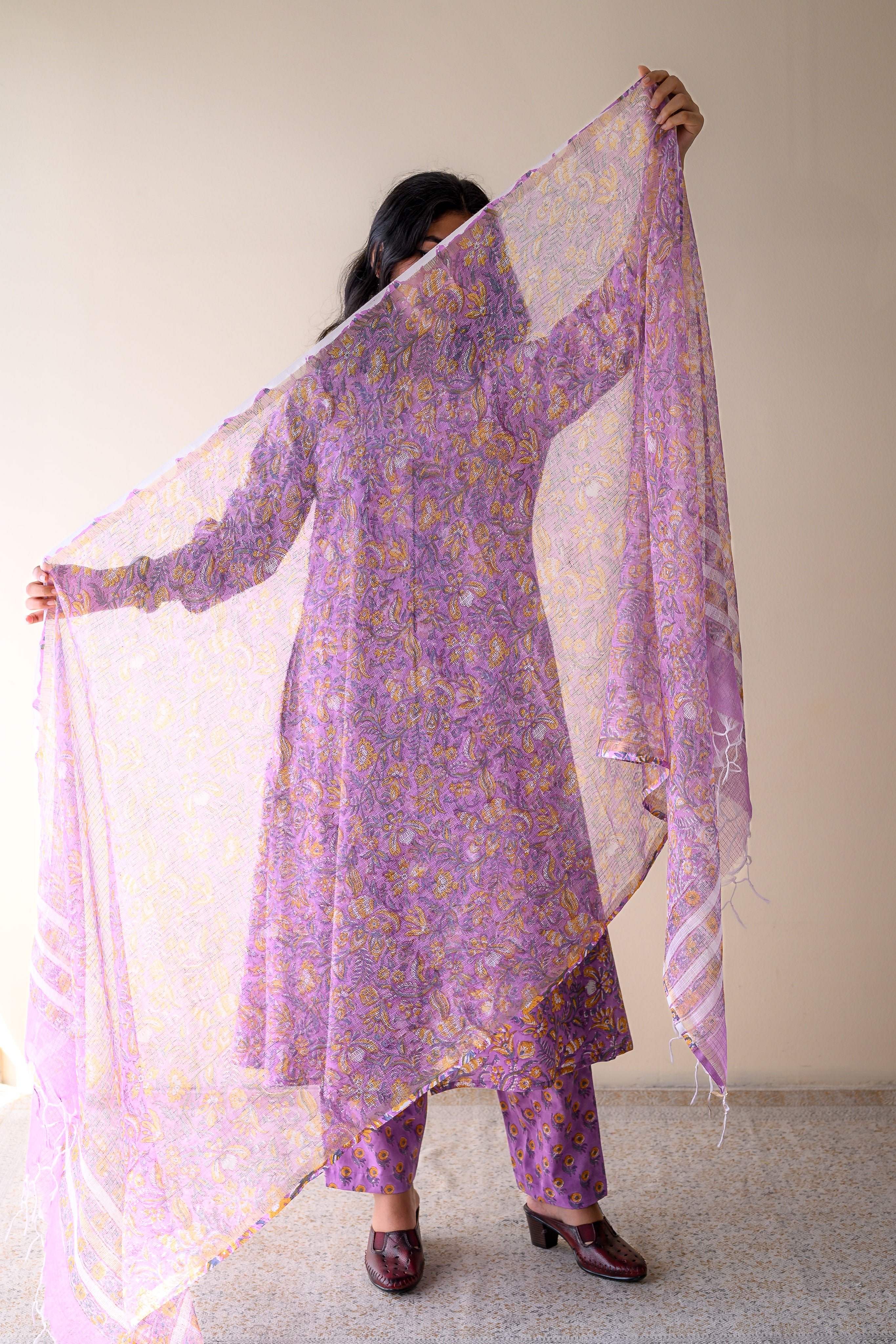 Piyu Lilac Sanganeri Hand Print Kota Doria Dupatta