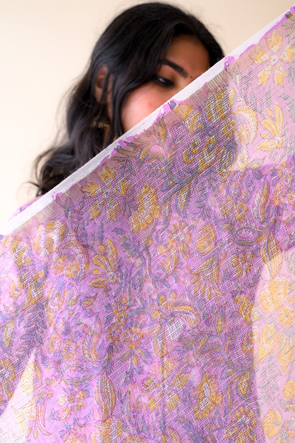 Piyu Lilac Sanganeri Hand Print Kota Doria Dupatta
