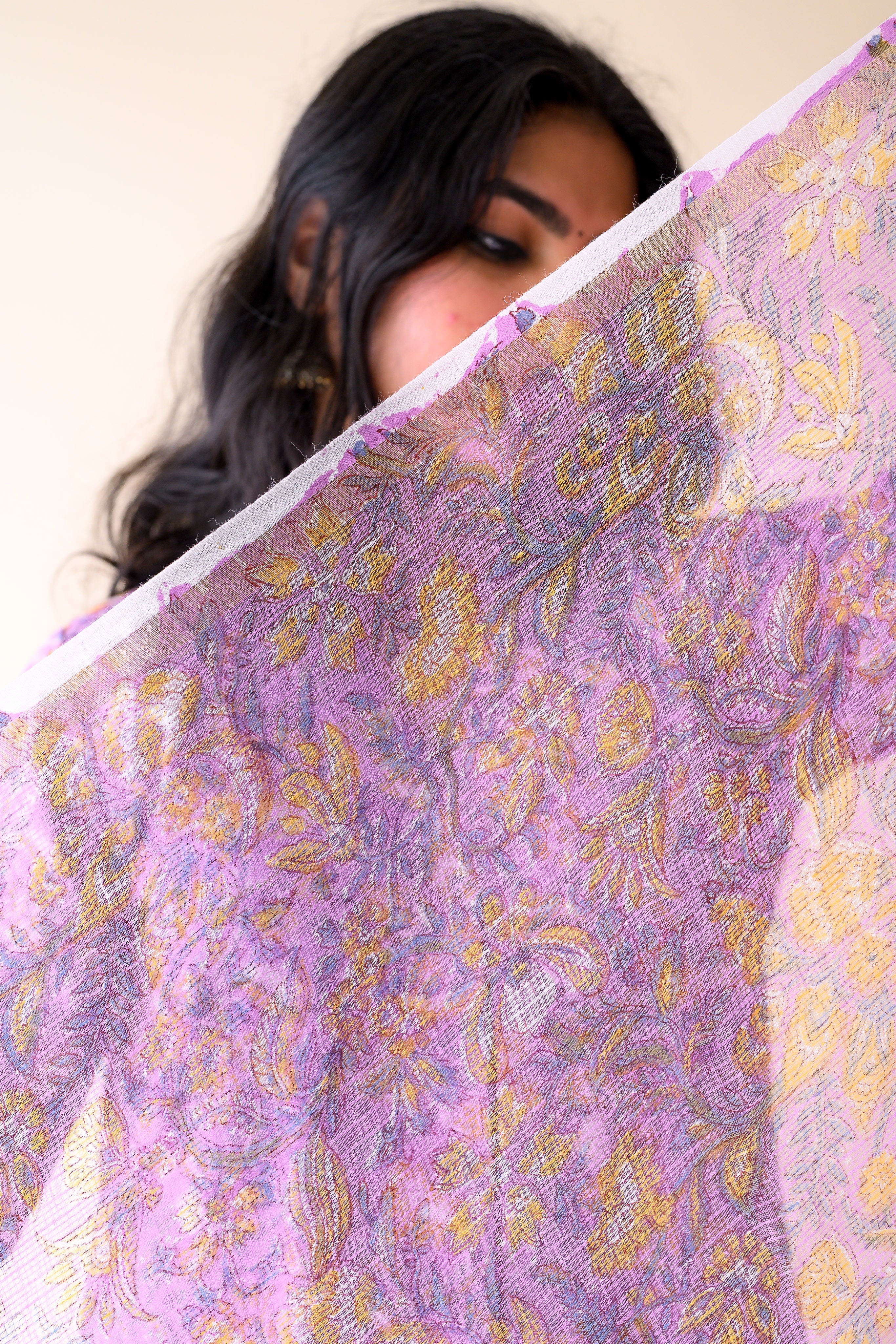 Piyu Lilac Sanganeri Hand Print Kota Doria Dupatta