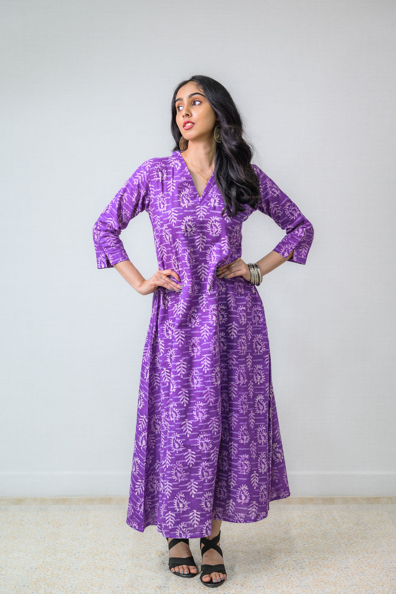 Bloomveil Lavender Dabu Cotton Dress