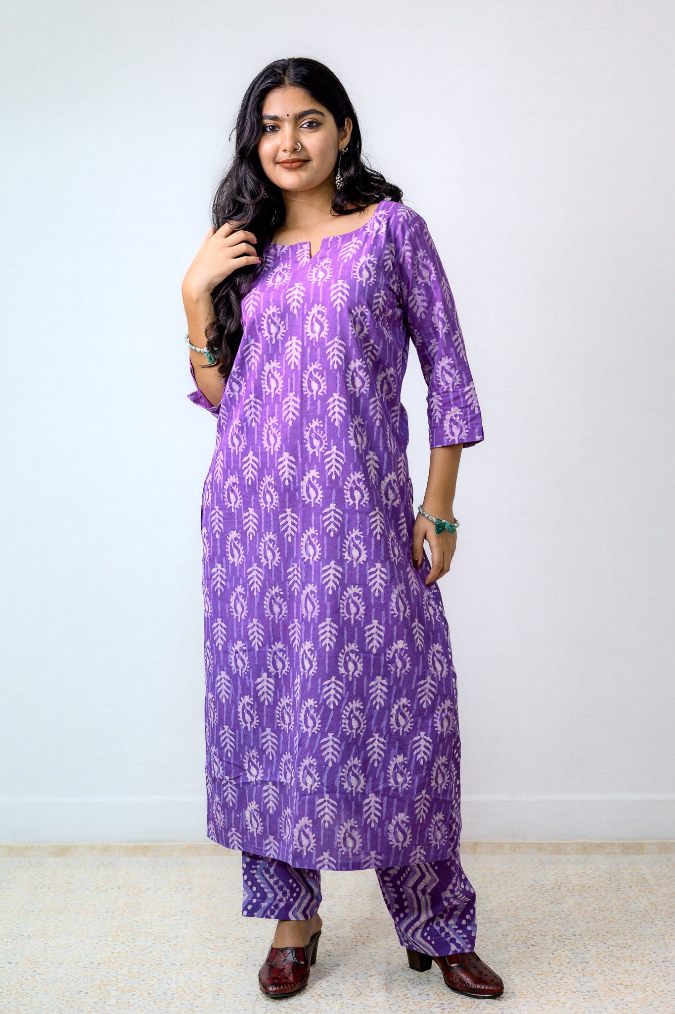 Set of 2- Lavender Bagru Straight Kurta and Pants