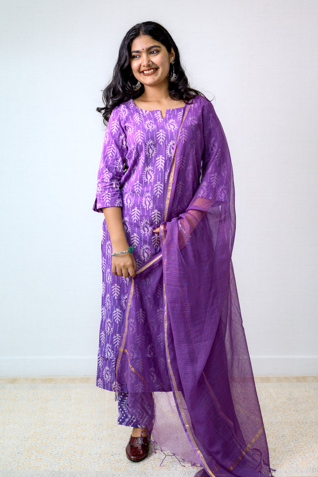 Set of 2- Lavender Bagru Straight Kurta and Pants